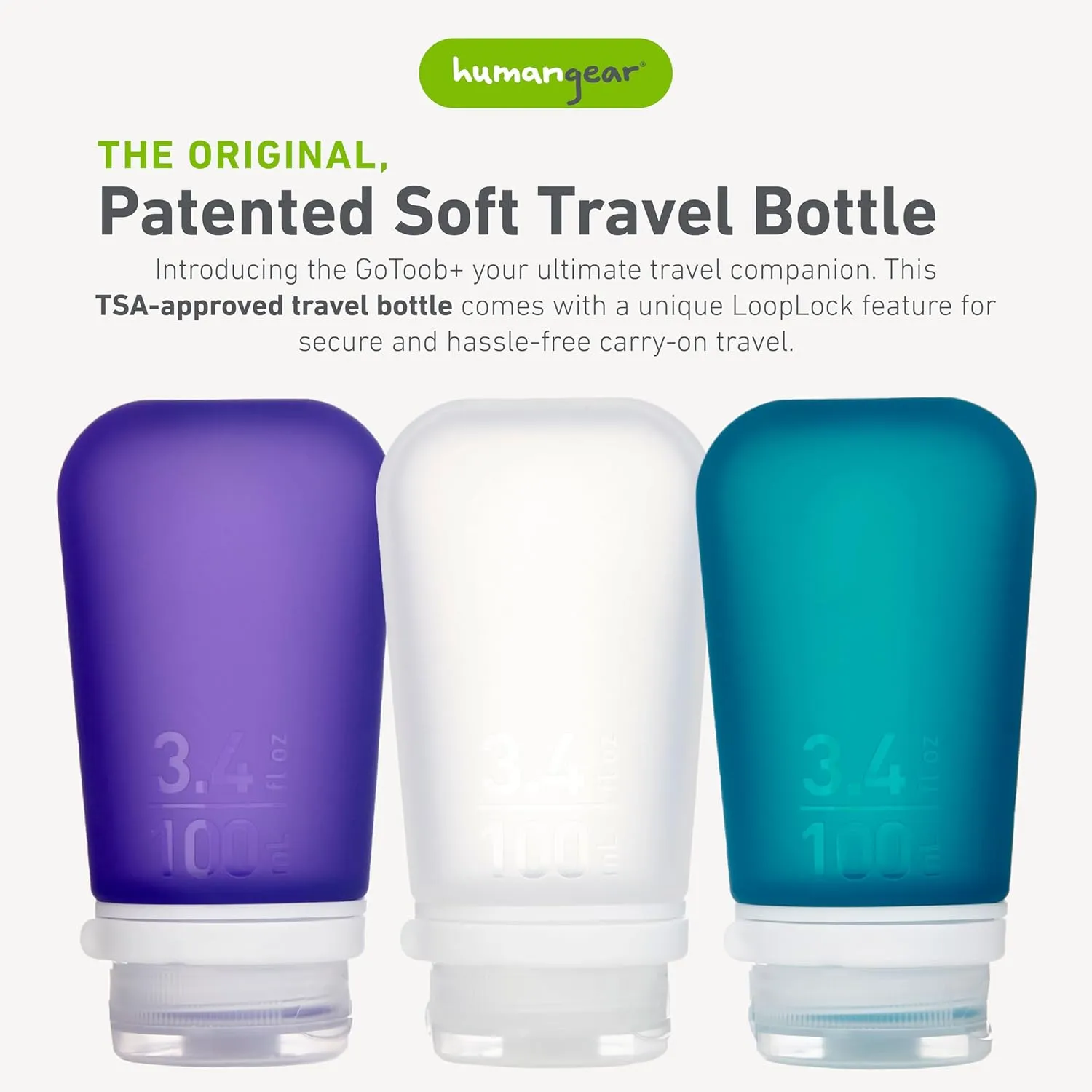 humangear GoToob  3-Pack (Large) | Refillable Silicone Travel Bottle | Locking Lid | Food-Safe Material, Clear/Purple/Teal, Large (3.4 fl.oz.; 100ml)