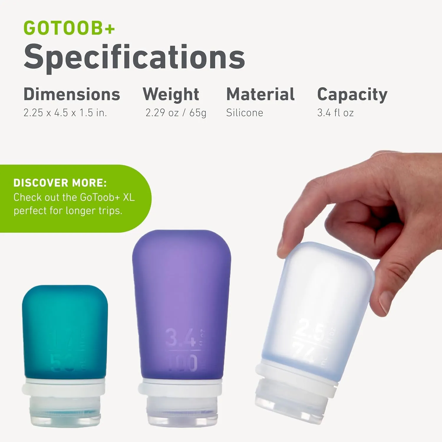 humangear GoToob  3-Pack (Large) | Refillable Silicone Travel Bottle | Locking Lid | Food-Safe Material, Clear/Purple/Teal, Large (3.4 fl.oz.; 100ml)