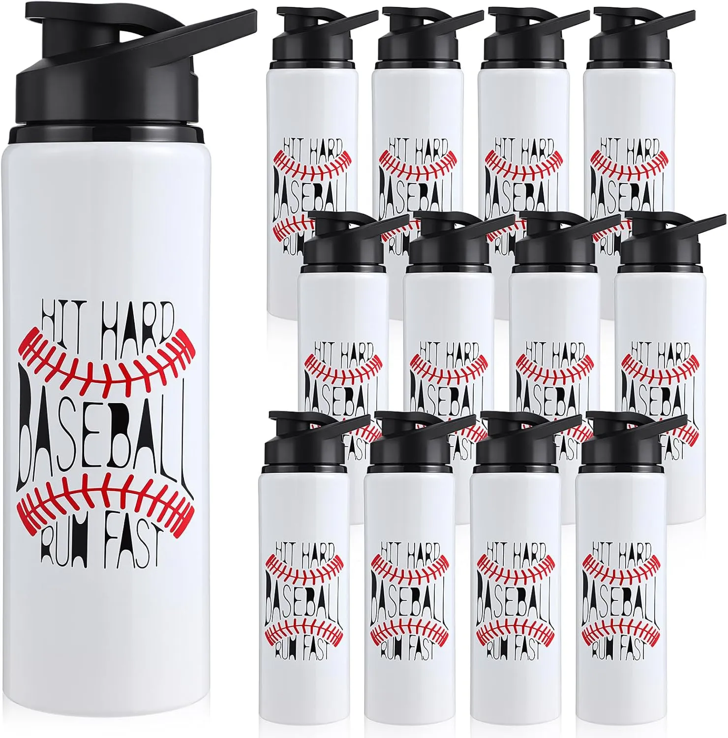 Hushee 12 Pcs Baseball Water Bottles 25 oz Aluminum Sport Bottles with Leakproof Lid, Eat Sleep Repeat Tumbler Baseball Gifts for Men Women Players Fan Coach Aluminum Water Cup(Hit Hard)