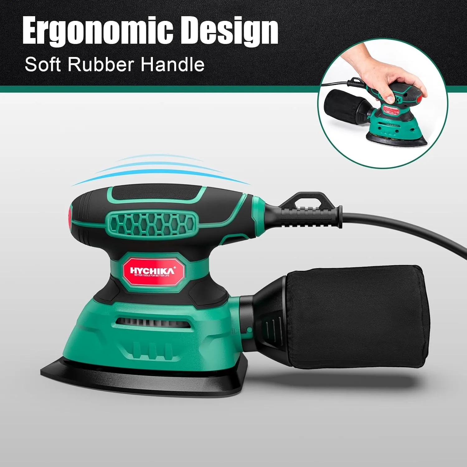 HYCHIKA Detail Sander Tool with Vacuum Attach, 13,000 OPM, 1.2A Electric Palm Sander with 12 Pcs Sandpapers, Upraged Dust Collection System, Compact Design for Tight Spaces Sanding and Paint Removing
