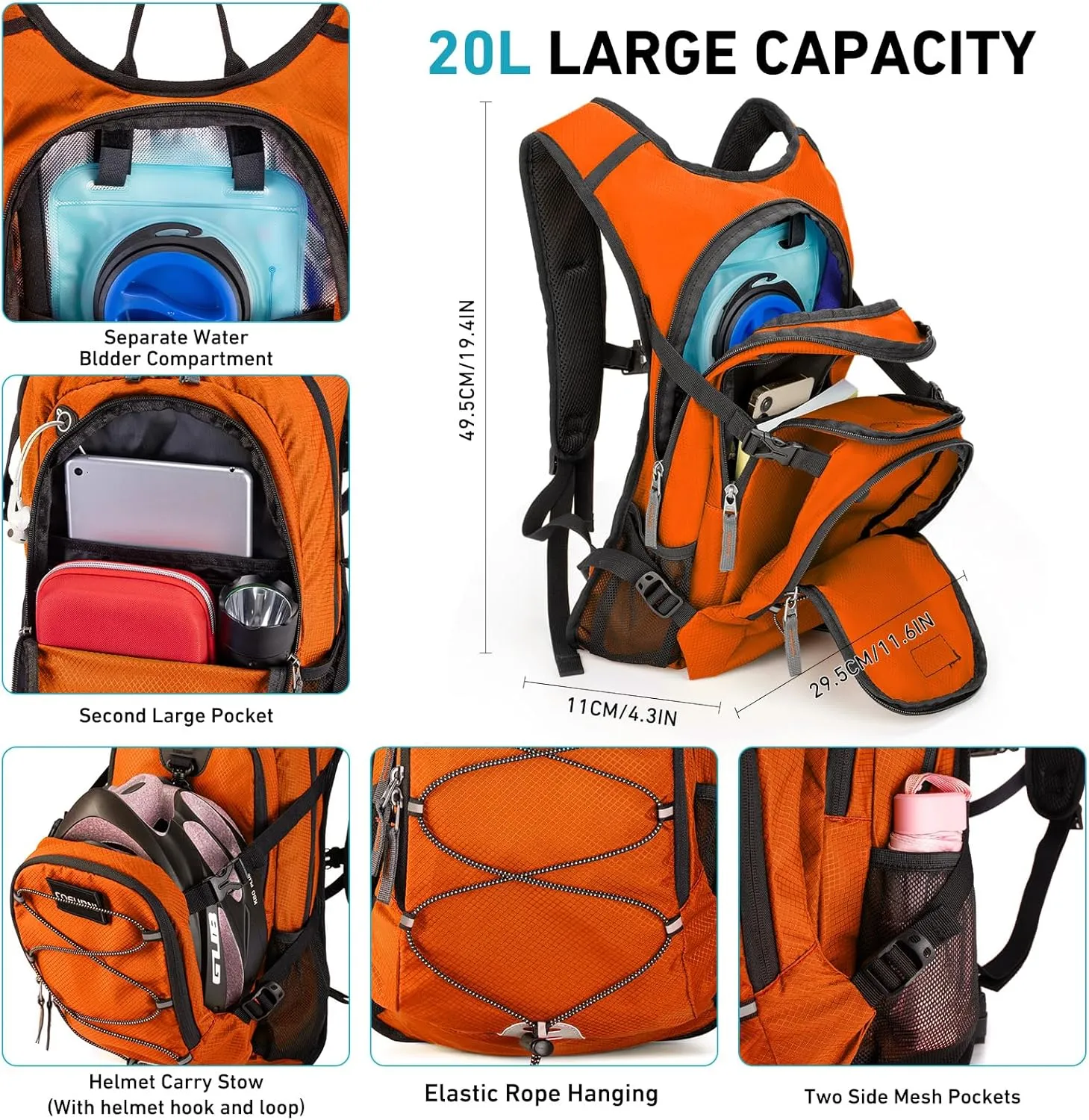 Hydration Backpack 20L with Water Bladder 2L, Large Storage Hiking Daypack for Men Women, Lightweight Insulation Water Backpack for Biking, Running, Skiing, Trekking, Camping