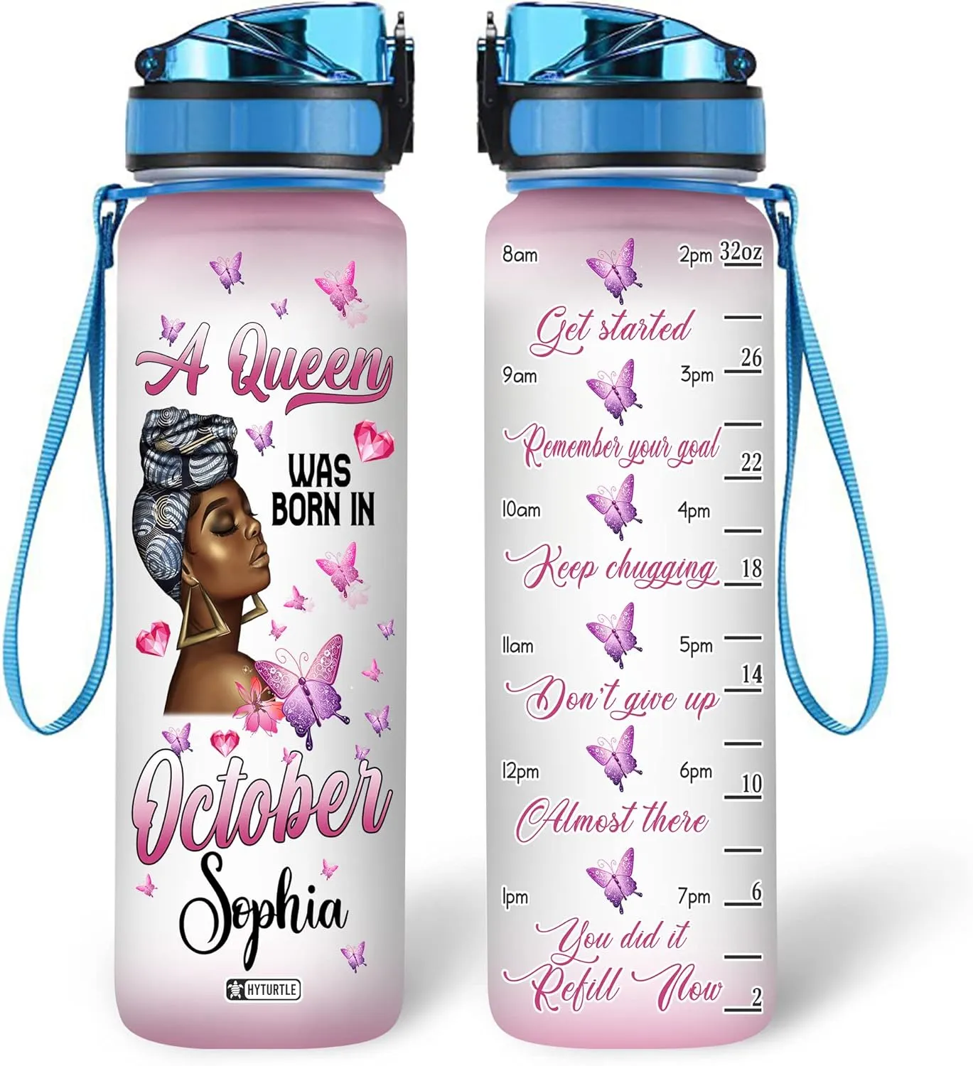 Hyturtle Personalized A Queen Was Born In October Butterfly 32Oz Liter Motivational Water Bottle, Customized Name Africa American With Time Marker, Gifts For Black Women On Birthday Mother's Day