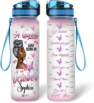Hyturtle Personalized A Queen Was Born In October Butterfly 32Oz Liter Motivational Water Bottle, Customized Name Africa American With Time Marker, Gifts For Black Women On Birthday Mother's Day