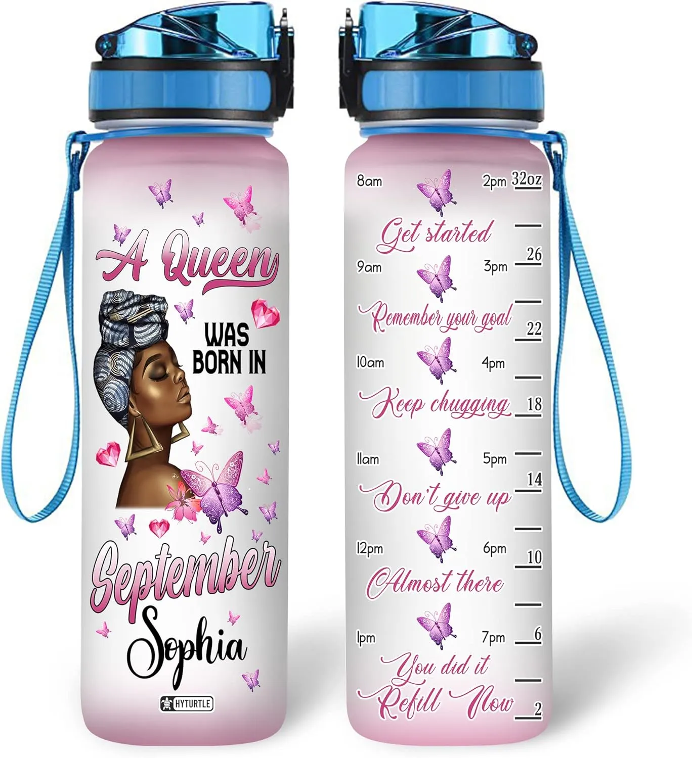 Hyturtle Personalized A Queen Was Born In September Butterfly 32Oz Liter Motivational Water Bottle, Customized Name Africa American With Time Marker, Gifts For Black Women On Birthday Mother's Day