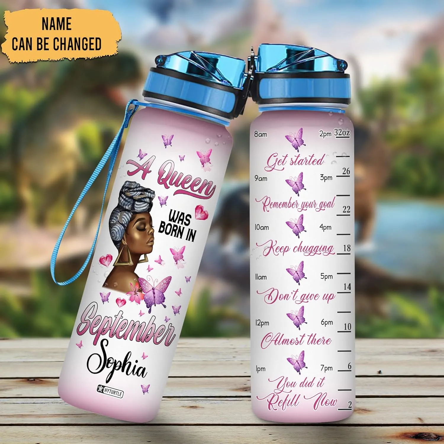 Hyturtle Personalized A Queen Was Born In September Butterfly 32Oz Liter Motivational Water Bottle, Customized Name Africa American With Time Marker, Gifts For Black Women On Birthday Mother's Day