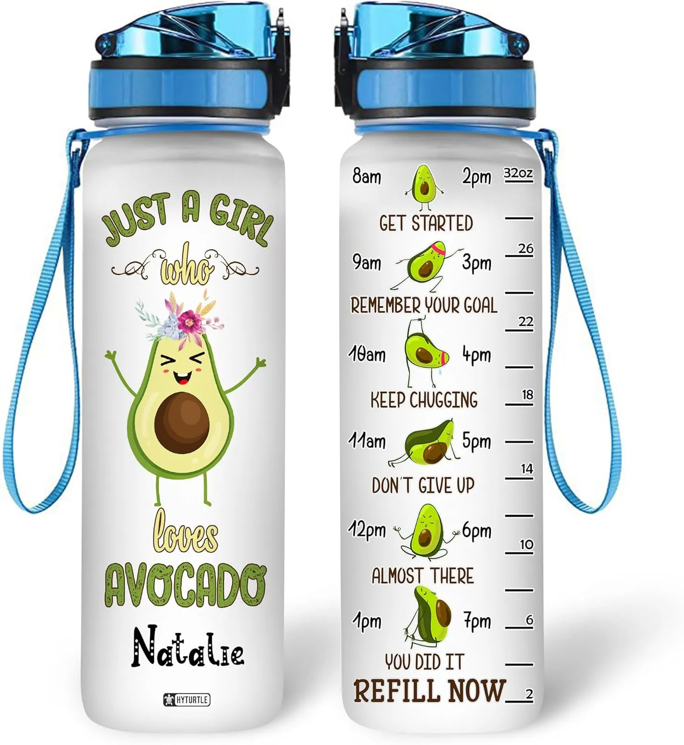 Hyturtle Personalized Avocado Water Bottle - 32oz 1Liter Motivational Water Bottle with Leak-Proof Lid Time Marker - Custom Name Gift for Avocado Lovers Women Girls - Birthday & Christmas Gift