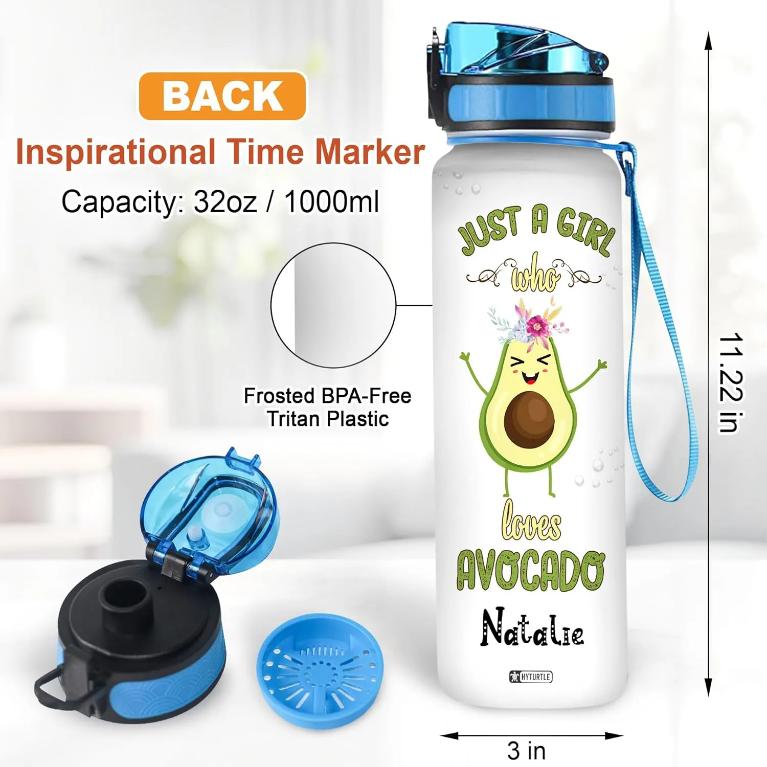 Hyturtle Personalized Avocado Water Bottle - 32oz 1Liter Motivational Water Bottle with Leak-Proof Lid Time Marker - Custom Name Gift for Avocado Lovers Women Girls - Birthday & Christmas Gift