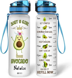 Hyturtle Personalized Avocado Water Bottle - 32oz 1Liter Motivational Water Bottle with Leak-Proof Lid Time Marker - Custom Name Gift for Avocado Lovers Women Girls - Birthday & Christmas Gift