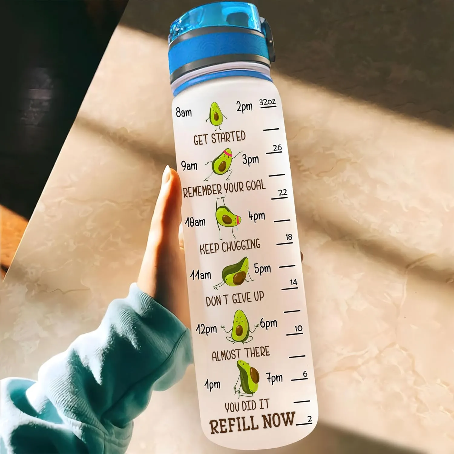 Hyturtle Personalized Avocado Water Bottle - 32oz 1Liter Motivational Water Bottle with Leak-Proof Lid Time Marker - Custom Name Gift for Avocado Lovers Women Girls - Birthday & Christmas Gift