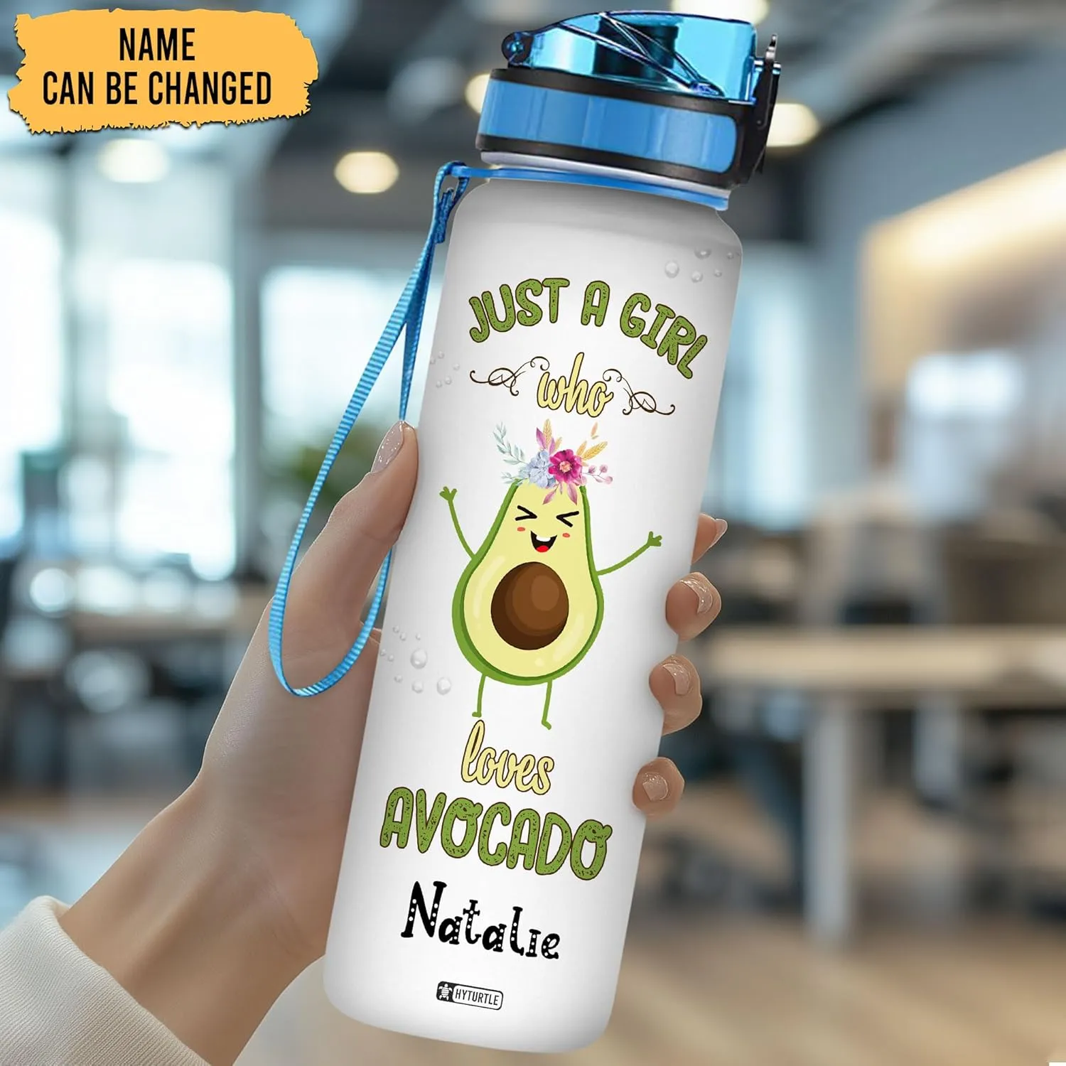 Hyturtle Personalized Avocado Water Bottle - 32oz 1Liter Motivational Water Bottle with Leak-Proof Lid Time Marker - Custom Name Gift for Avocado Lovers Women Girls - Birthday & Christmas Gift