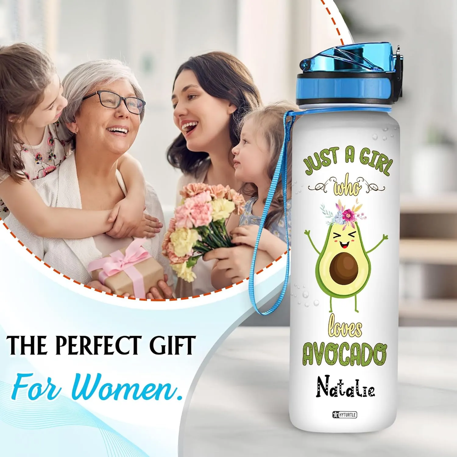 Hyturtle Personalized Avocado Water Bottle - 32oz 1Liter Motivational Water Bottle with Leak-Proof Lid Time Marker - Custom Name Gift for Avocado Lovers Women Girls - Birthday & Christmas Gift
