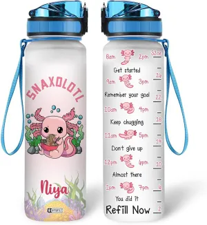 Hyturtle Personalized Axolotl Water Bottle - 32oz Motivational Water Bottle with Leak-Proof Lid & Time Marker - Custom Name Gift for Axolotl Lovers, Women, Girls, Boys - Birthday & Christmas Gift