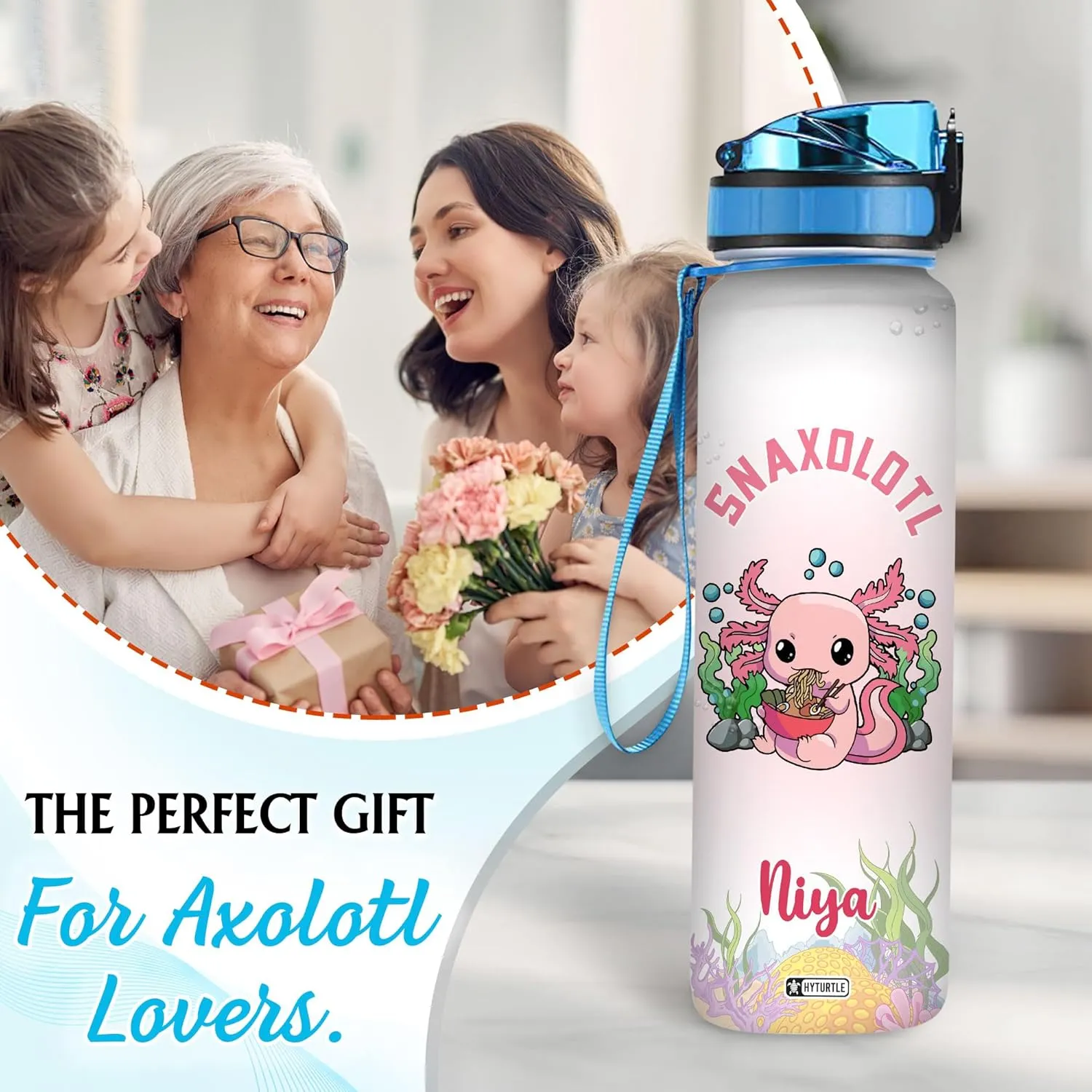 Hyturtle Personalized Axolotl Water Bottle - 32oz Motivational Water Bottle with Leak-Proof Lid & Time Marker - Custom Name Gift for Axolotl Lovers, Women, Girls, Boys - Birthday & Christmas Gift