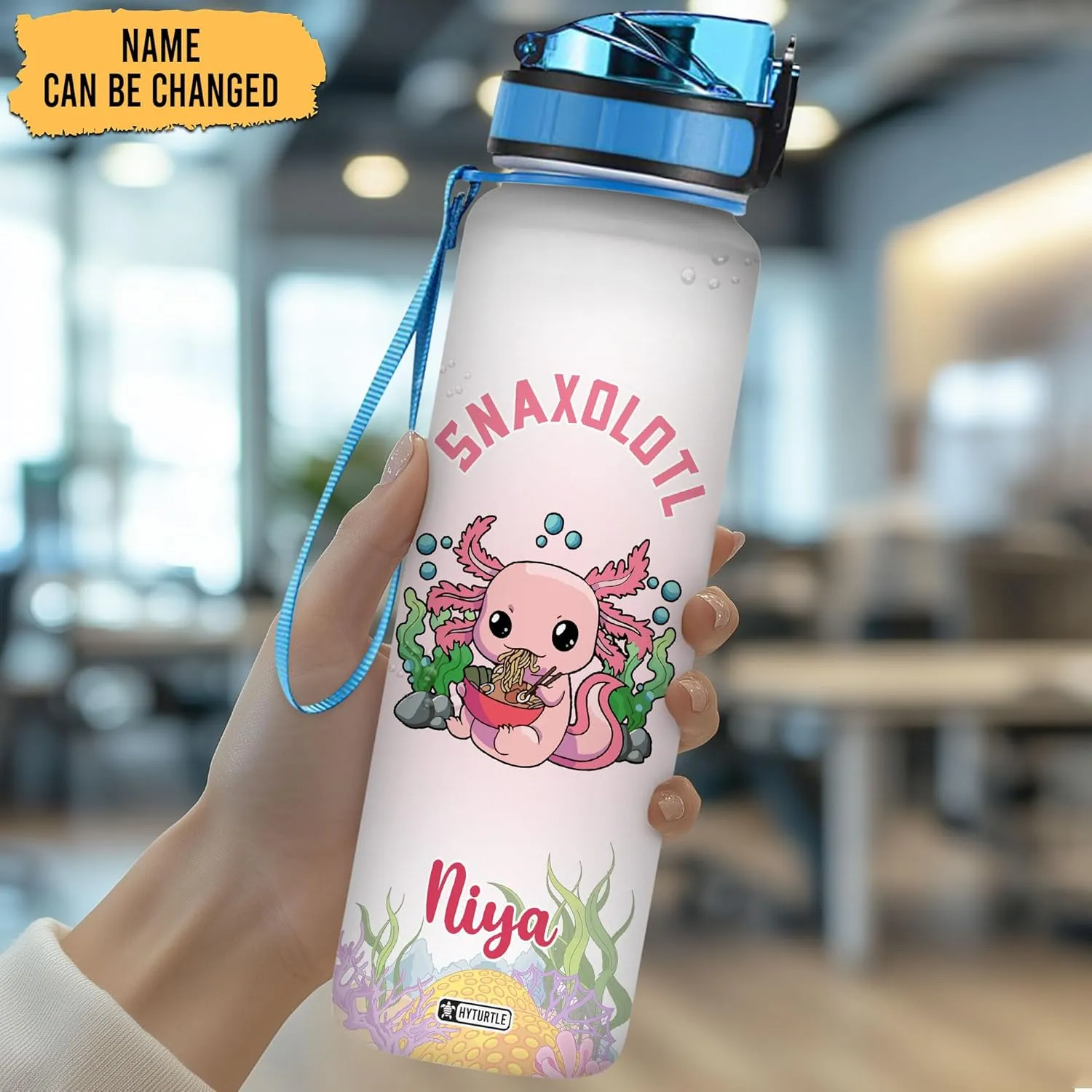 Hyturtle Personalized Axolotl Water Bottle - 32oz Motivational Water Bottle with Leak-Proof Lid & Time Marker - Custom Name Gift for Axolotl Lovers, Women, Girls, Boys - Birthday & Christmas Gift