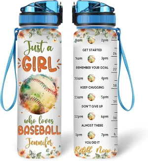 Hyturtle Personalized Baseball Lovers 32 Oz 1Liter Motivational Water Bottle With Time Marker, Just A Girl Who Loves Baseball, Sport Lovers Gifts For Women, Girl, Player On Birthday, Christmas