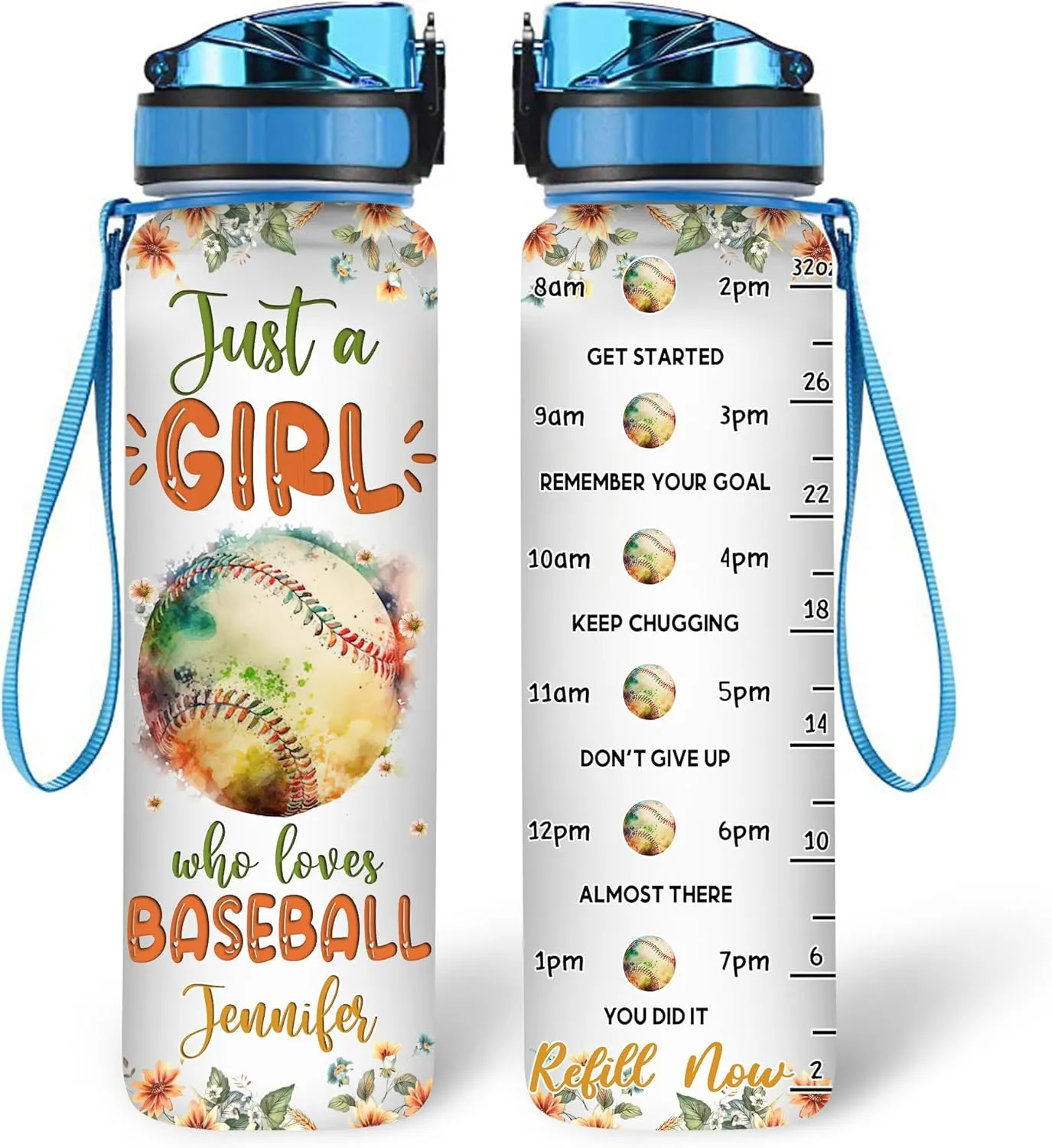 Hyturtle Personalized Baseball Lovers 32 Oz 1Liter Motivational Water Bottle With Time Marker, Just A Girl Who Loves Baseball, Sport Lovers Gifts For Women, Girl, Player On Birthday, Christmas