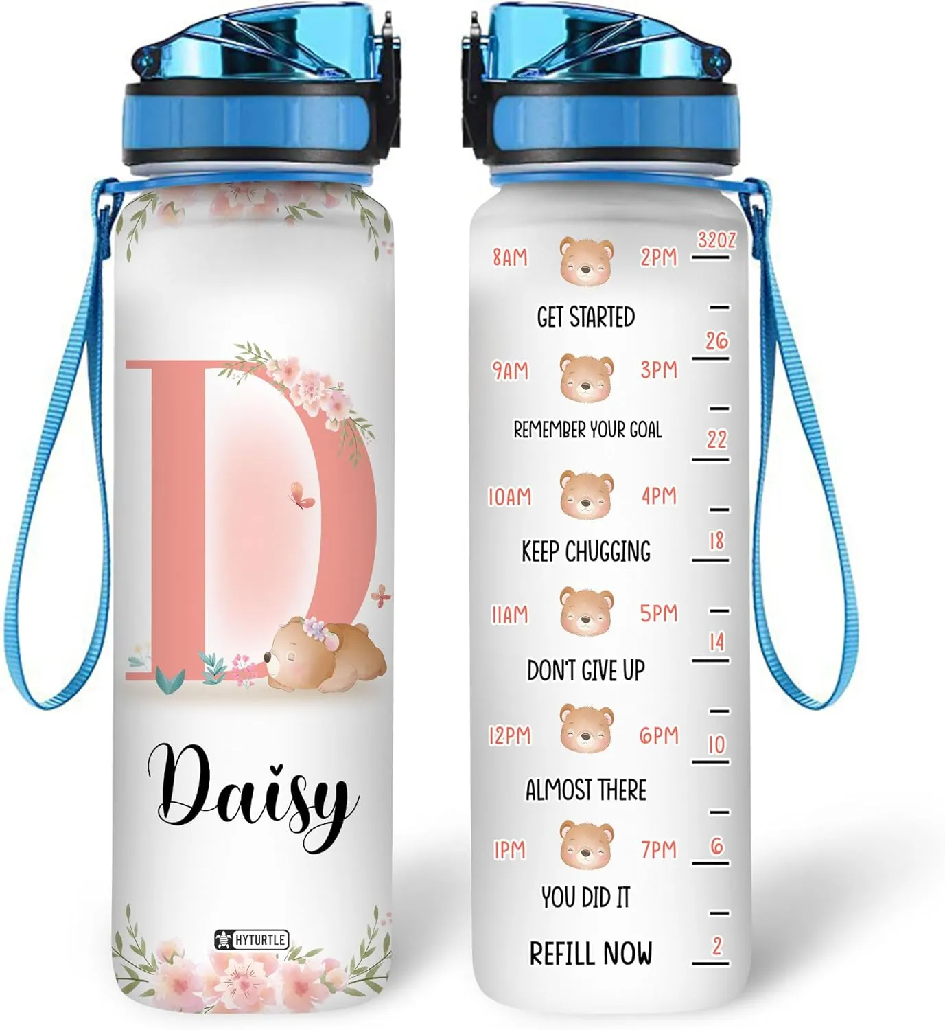 Hyturtle Personalized Bear Water Bottle - 32oz Motivational Water Bottle with Leak-Proof Lid, Time Marker - Custom Name Gift with Initial for Women, Girls, Bear Lovers On Birthday Mother's Day