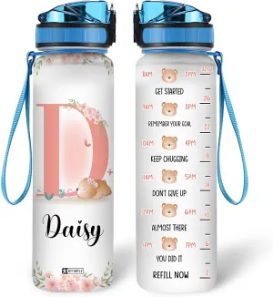 Hyturtle Personalized Bear Water Bottle - 32oz Motivational Water Bottle with Leak-Proof Lid, Time Marker - Custom Name Gift with Initial for Women, Girls, Bear Lovers On Birthday Mother's Day