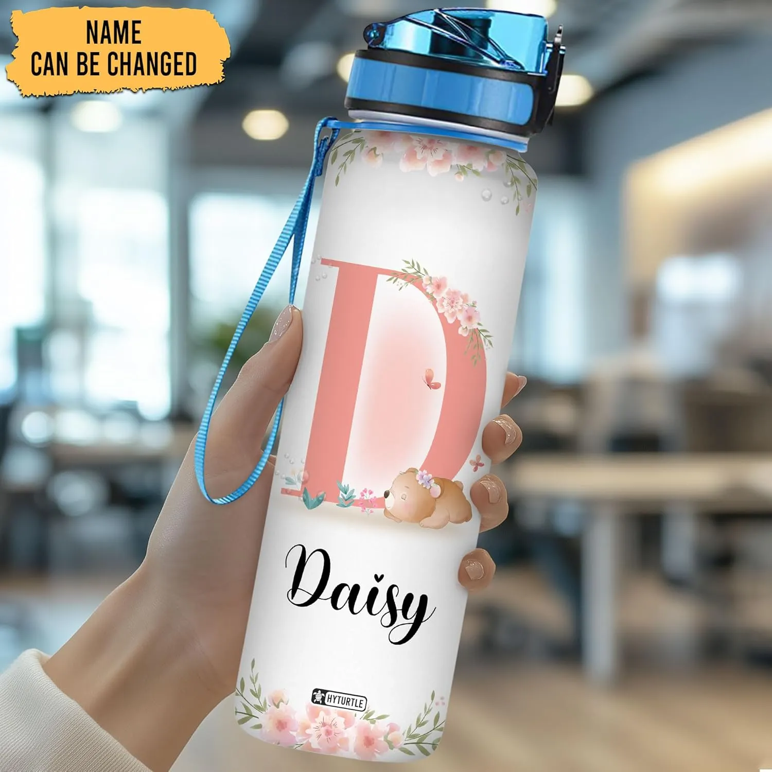 Hyturtle Personalized Bear Water Bottle - 32oz Motivational Water Bottle with Leak-Proof Lid, Time Marker - Custom Name Gift with Initial for Women, Girls, Bear Lovers On Birthday Mother's Day