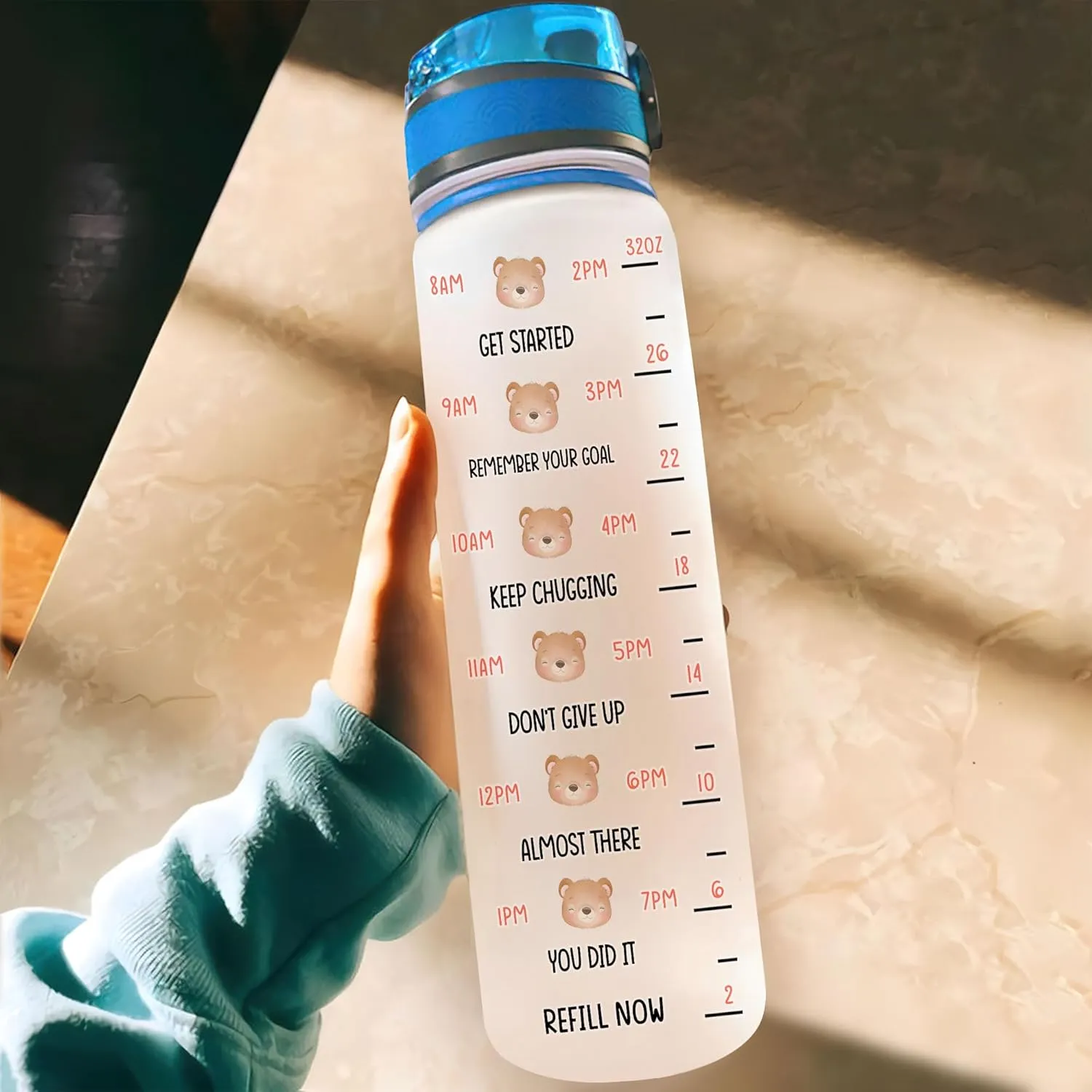 Hyturtle Personalized Bear Water Bottle - 32oz Motivational Water Bottle with Leak-Proof Lid, Time Marker - Custom Name Gift with Initial for Women, Girls, Bear Lovers On Birthday Mother's Day