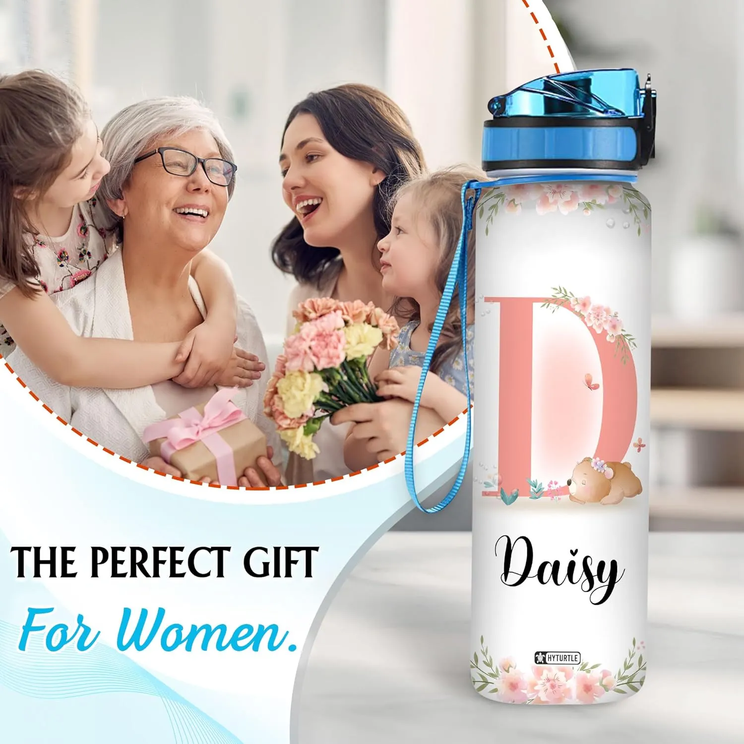 Hyturtle Personalized Bear Water Bottle - 32oz Motivational Water Bottle with Leak-Proof Lid, Time Marker - Custom Name Gift with Initial for Women, Girls, Bear Lovers On Birthday Mother's Day