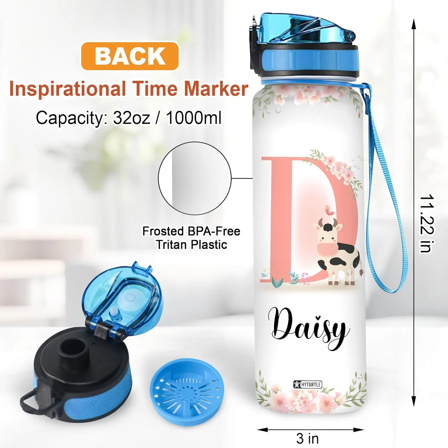 Hyturtle Personalized Cow Water Bottle - 32oz Motivational Water Bottle with Leak-Proof Lid Time Marker - Custom Name Gift with Initial Gift for Women, Cow Lovers Birthday, Christmas Gift