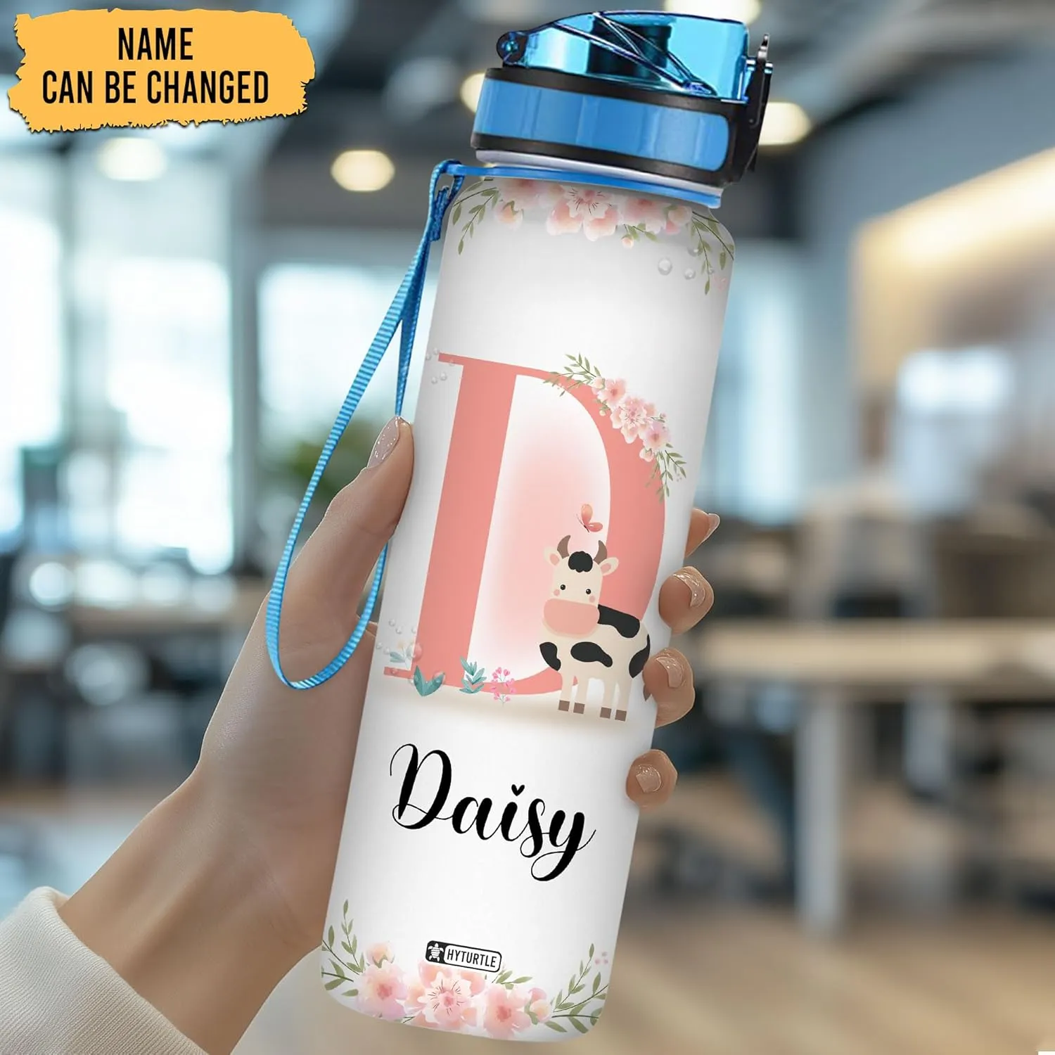 Hyturtle Personalized Cow Water Bottle - 32oz Motivational Water Bottle with Leak-Proof Lid Time Marker - Custom Name Gift with Initial Gift for Women, Cow Lovers Birthday, Christmas Gift