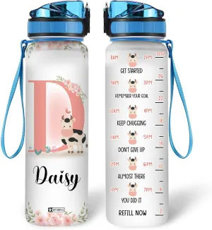 Hyturtle Personalized Cow Water Bottle - 32oz Motivational Water Bottle with Leak-Proof Lid Time Marker - Custom Name Gift with Initial Gift for Women, Cow Lovers Birthday, Christmas Gift