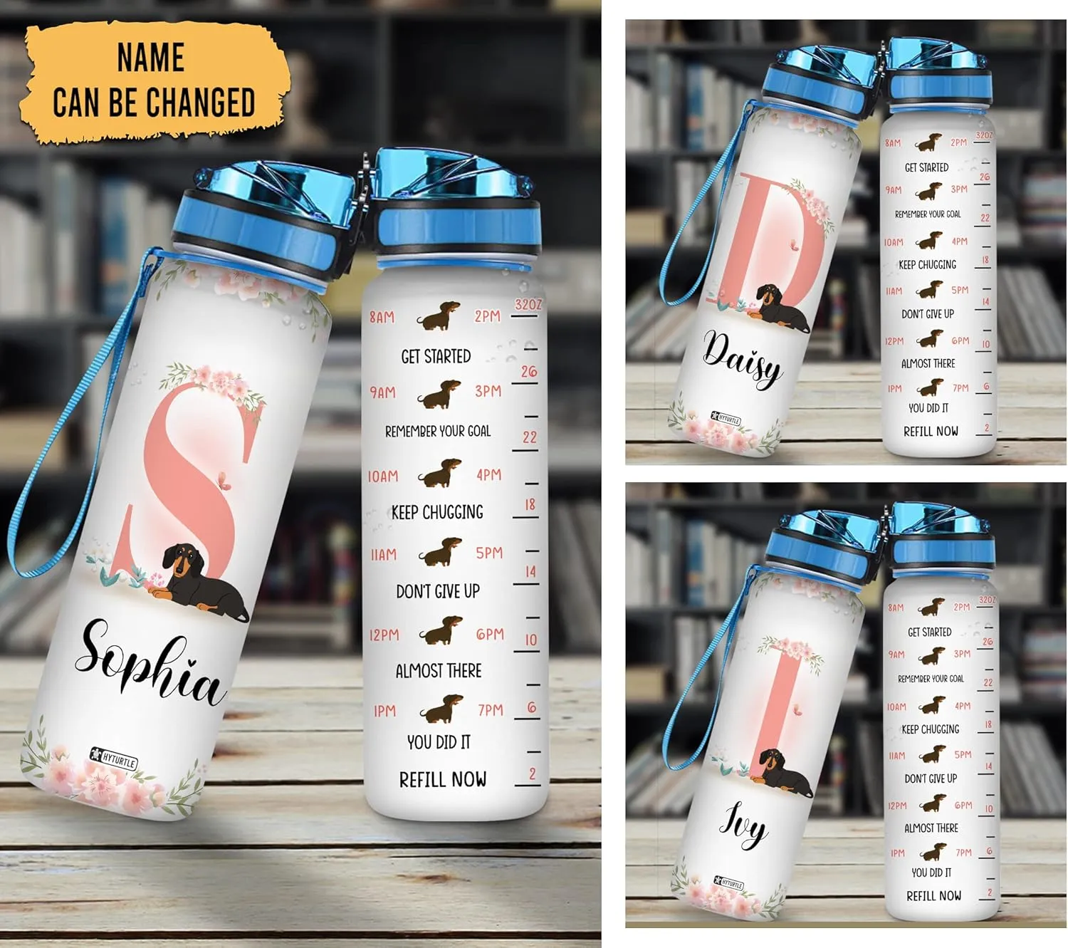 Hyturtle Personalized Dachshund 32Oz Liter Motivational Water Bottle, Customized Name With First Letter Time Marker, Gifts For Women Girls Kids Family Friend Dachshund Lovers Dog Lovers On Birthday
