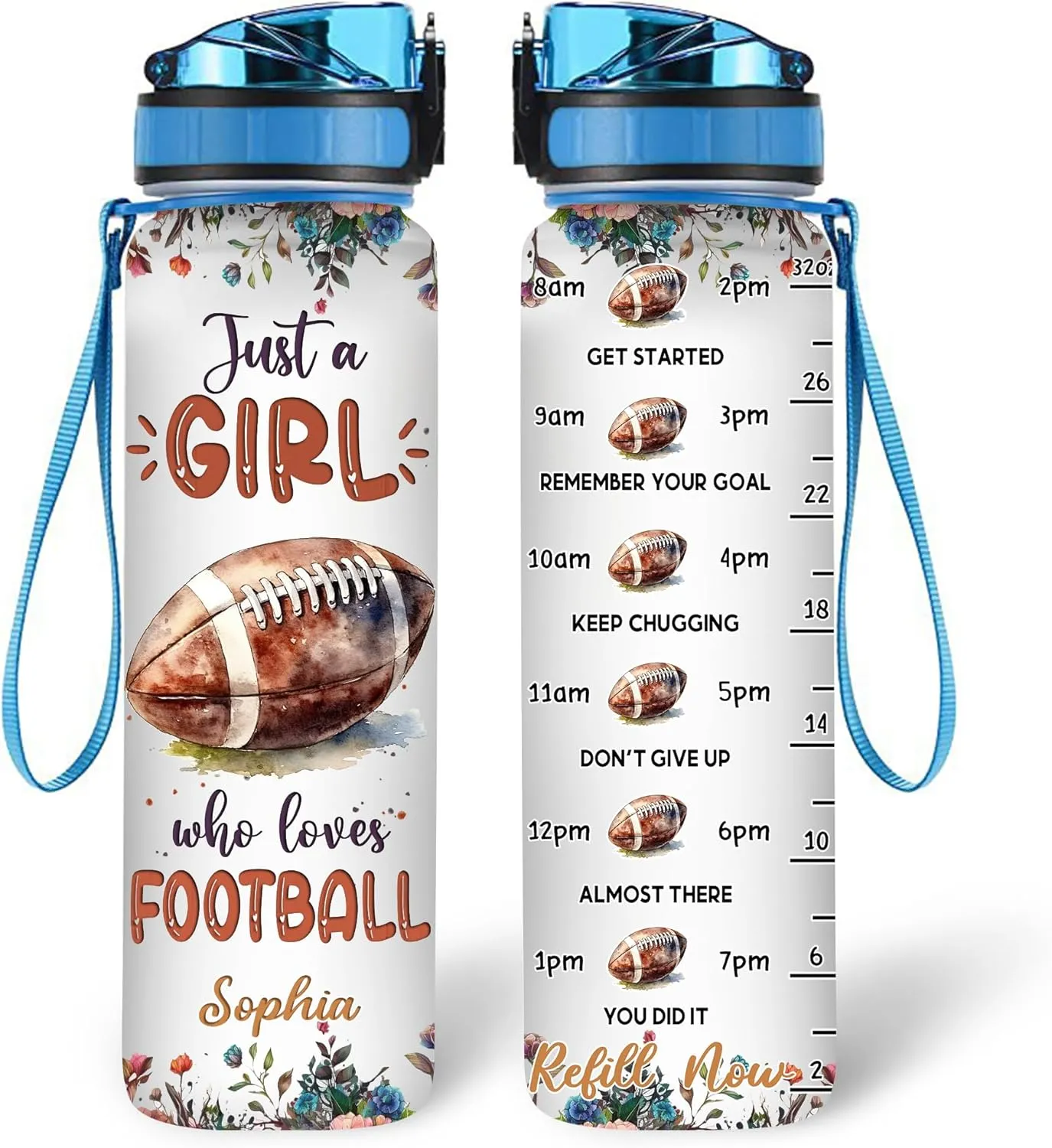 Hyturtle Personalized Football Lovers 32 Oz 1Liter Motivational Water Bottle With Time Marker, Just A Girl Who Loves Football, Sport Lovers Gifts For Women, Girl, Player On Birthday, Christmas