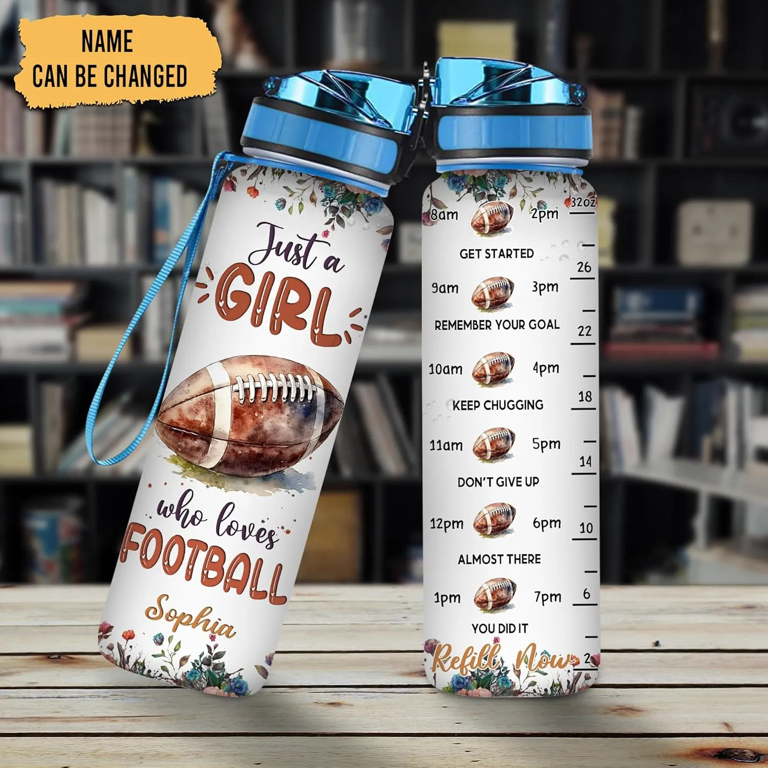 Hyturtle Personalized Football Lovers 32 Oz 1Liter Motivational Water Bottle With Time Marker, Just A Girl Who Loves Football, Sport Lovers Gifts For Women, Girl, Player On Birthday, Christmas
