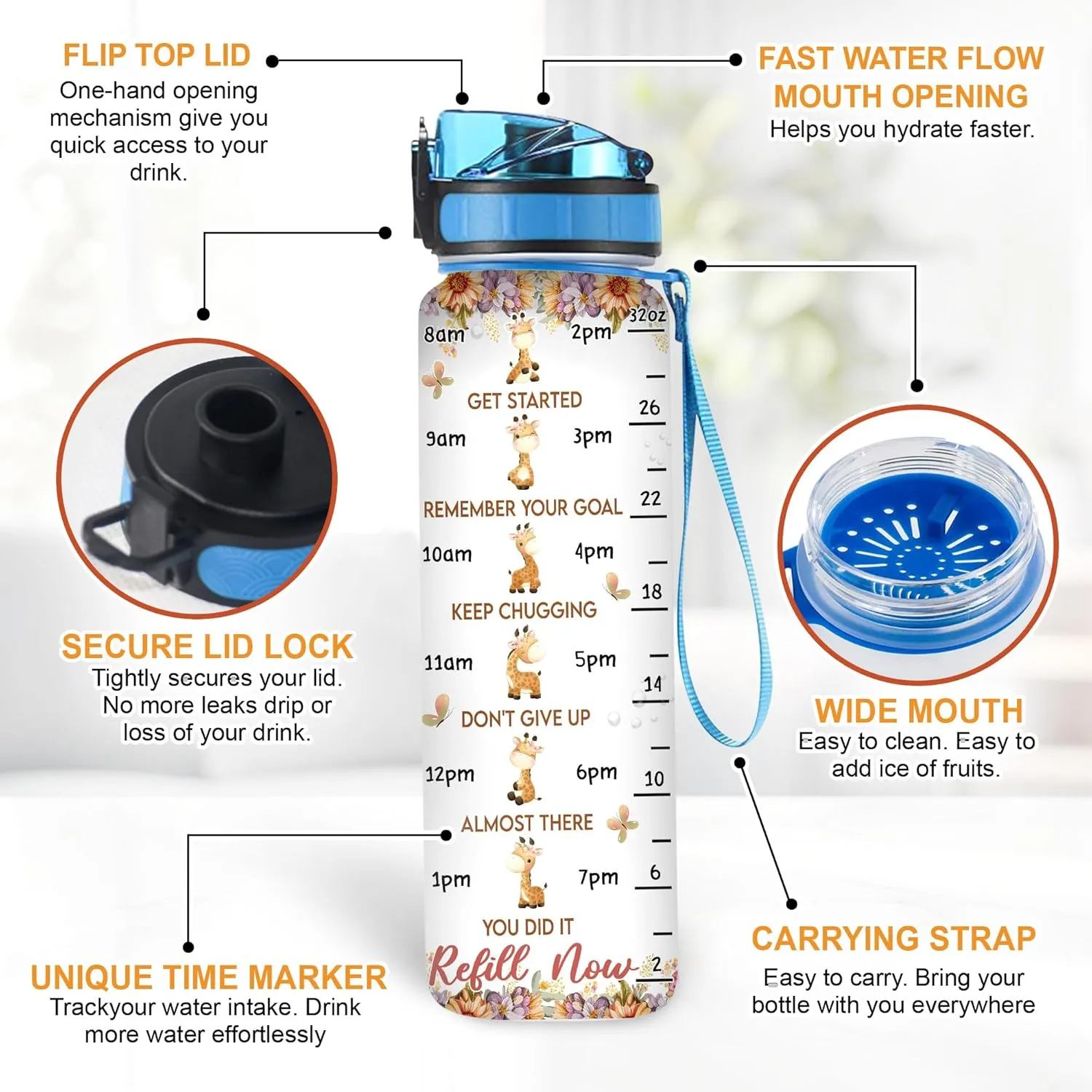 Hyturtle Personalized Giraffe Lovers 32 Oz 1Liter Motivational Water Bottle With Time Marker, Just A Girl Who Loves Giraffes, Animal Lovers Gifts For Women, Girl On Birthday, Christmas
