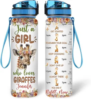 Hyturtle Personalized Giraffe Lovers 32 Oz 1Liter Motivational Water Bottle With Time Marker, Just A Girl Who Loves Giraffes, Animal Lovers Gifts For Women, Girl On Birthday, Christmas