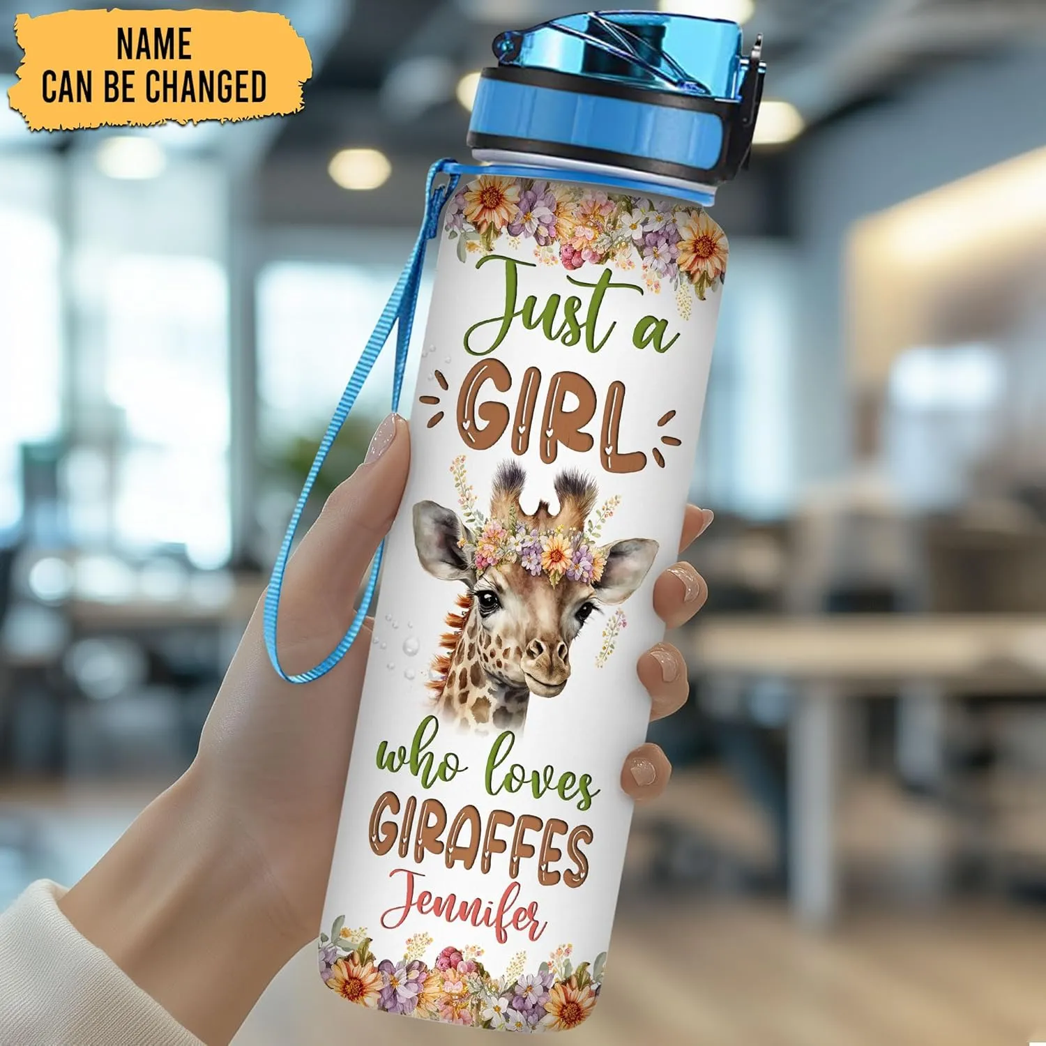 Hyturtle Personalized Giraffe Lovers 32 Oz 1Liter Motivational Water Bottle With Time Marker, Just A Girl Who Loves Giraffes, Animal Lovers Gifts For Women, Girl On Birthday, Christmas