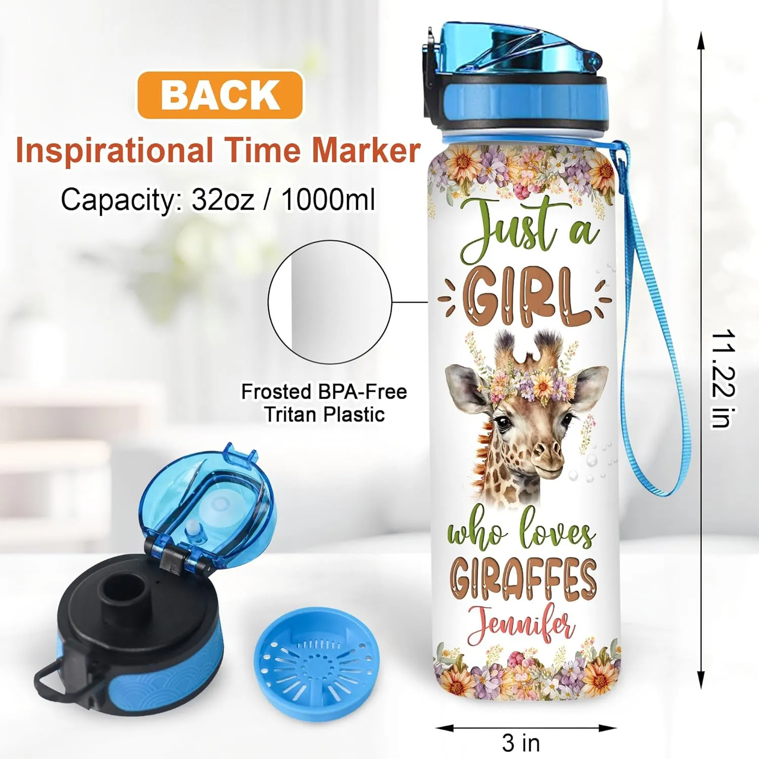 Hyturtle Personalized Giraffe Lovers 32 Oz 1Liter Motivational Water Bottle With Time Marker, Just A Girl Who Loves Giraffes, Animal Lovers Gifts For Women, Girl On Birthday, Christmas
