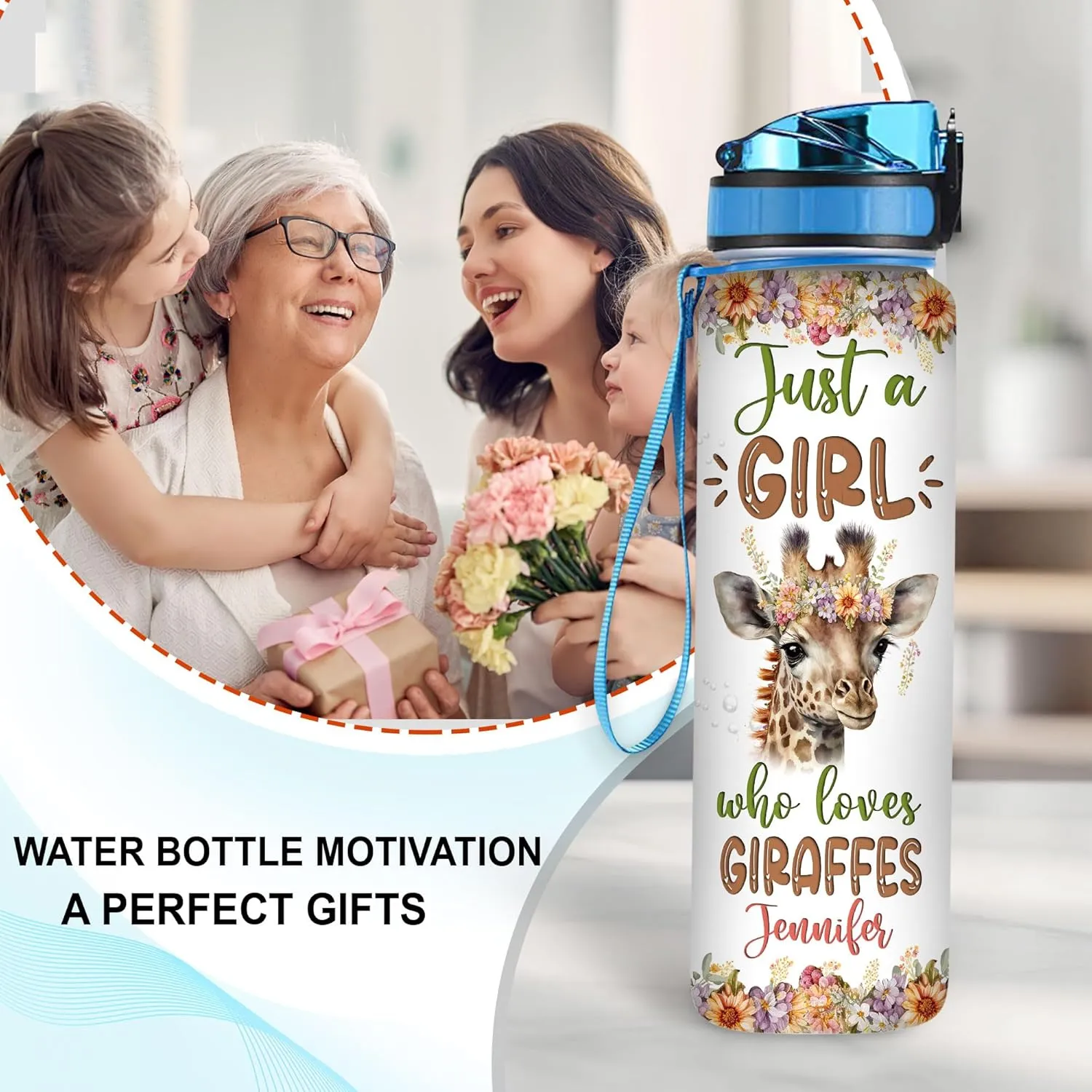 Hyturtle Personalized Giraffe Lovers 32 Oz 1Liter Motivational Water Bottle With Time Marker, Just A Girl Who Loves Giraffes, Animal Lovers Gifts For Women, Girl On Birthday, Christmas