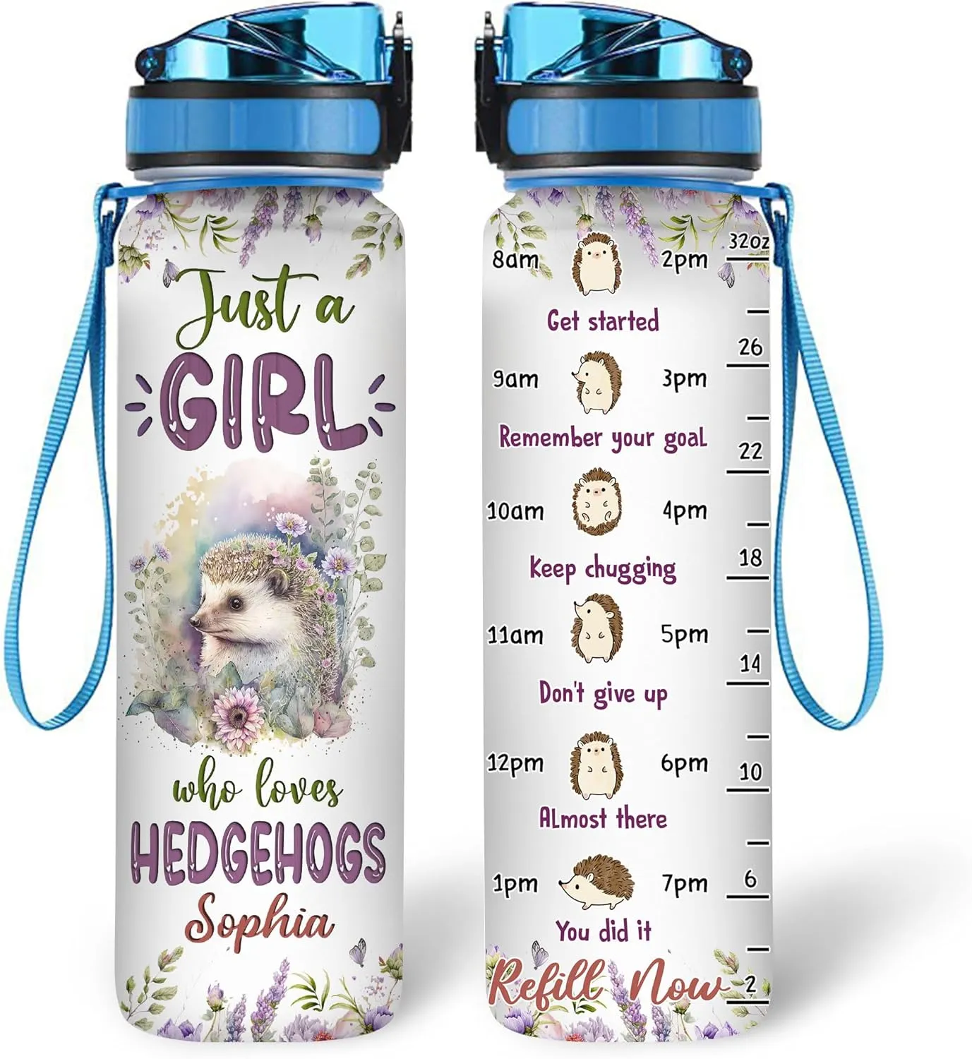 Hyturtle Personalized Hedgehog Lovers 32 Oz 1Liter Motivational Water Bottle With Time Marker, Just A Girl Who Loves Hedgehogs, Animal Lovers Gifts For Women, Girl On Birthday, Christmas