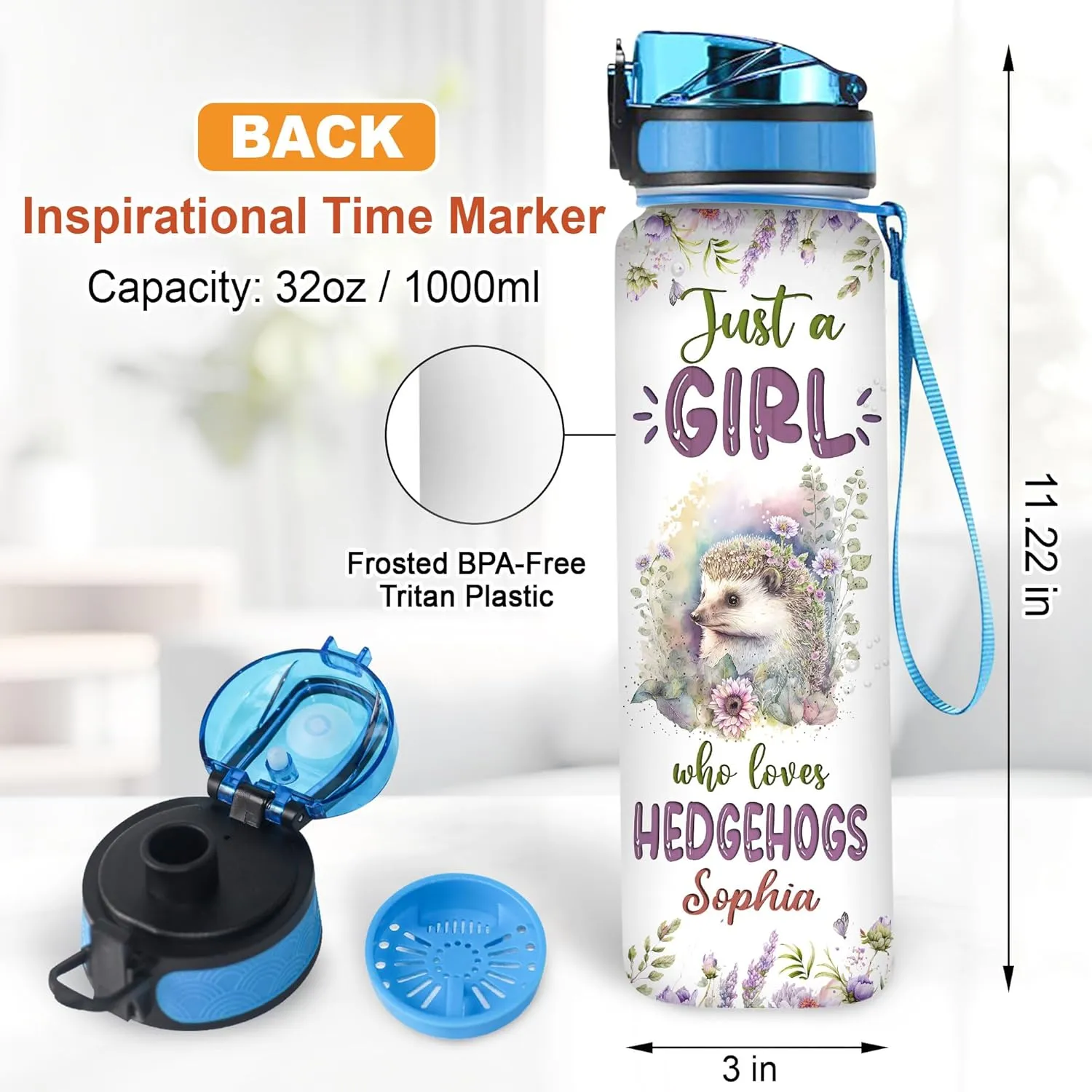 Hyturtle Personalized Hedgehog Lovers 32 Oz 1Liter Motivational Water Bottle With Time Marker, Just A Girl Who Loves Hedgehogs, Animal Lovers Gifts For Women, Girl On Birthday, Christmas