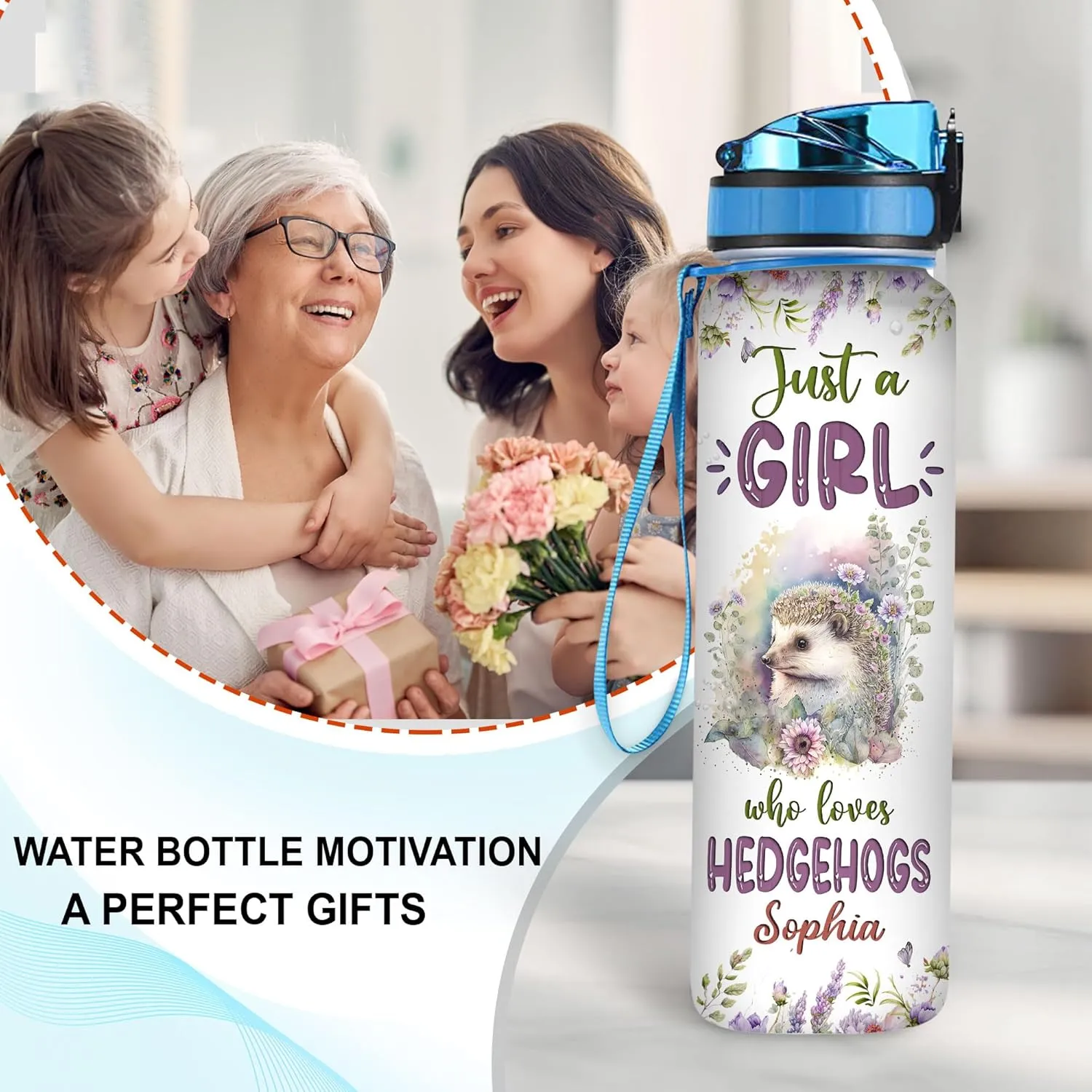 Hyturtle Personalized Hedgehog Lovers 32 Oz 1Liter Motivational Water Bottle With Time Marker, Just A Girl Who Loves Hedgehogs, Animal Lovers Gifts For Women, Girl On Birthday, Christmas