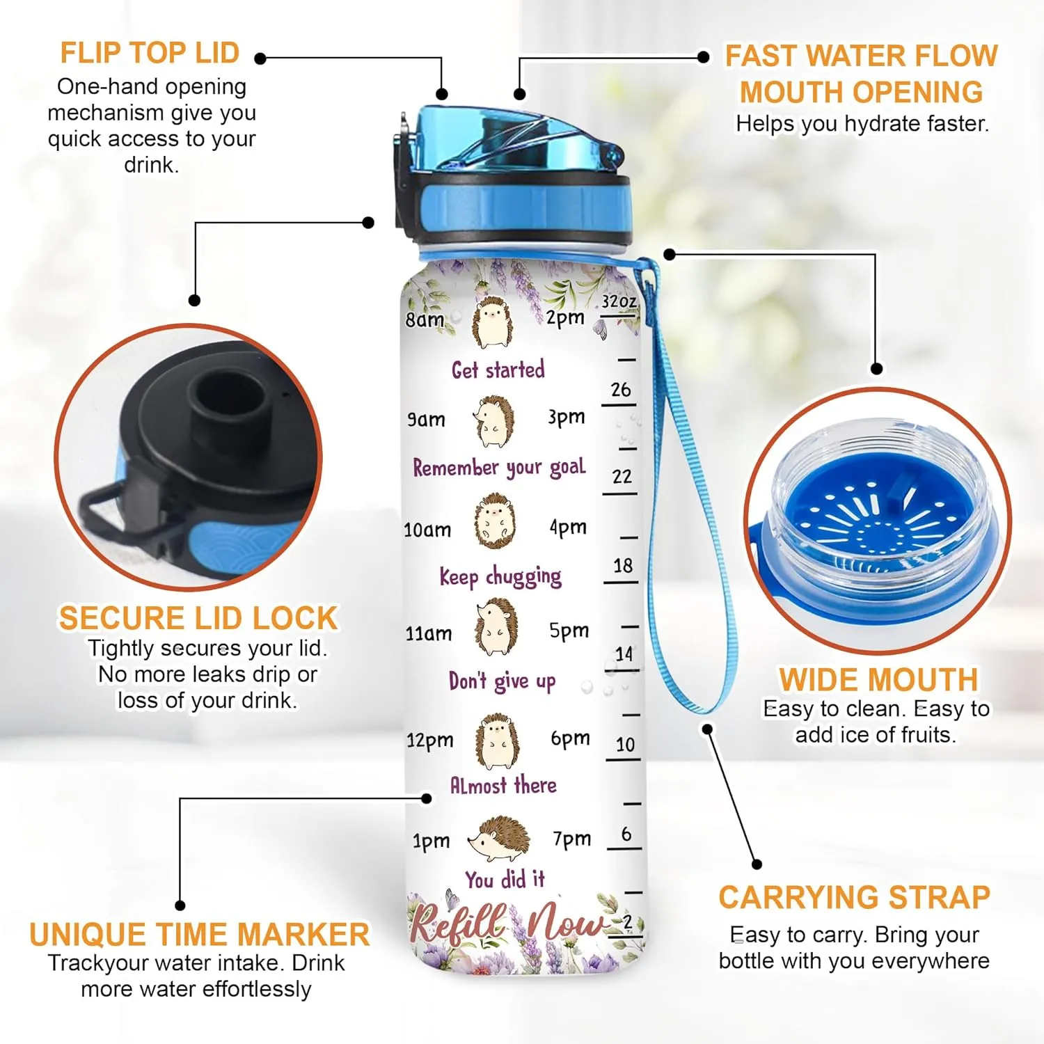 Hyturtle Personalized Hedgehog Lovers 32 Oz 1Liter Motivational Water Bottle With Time Marker, Just A Girl Who Loves Hedgehogs, Animal Lovers Gifts For Women, Girl On Birthday, Christmas
