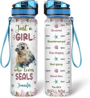 Hyturtle Personalized Seals Lovers 32 Oz 1Liter Motivational Water Bottle With Time Marker, Just A Girl Who Loves Seals, Sea Animal Lovers Gifts For Women, Girl On Birthday, Christmas