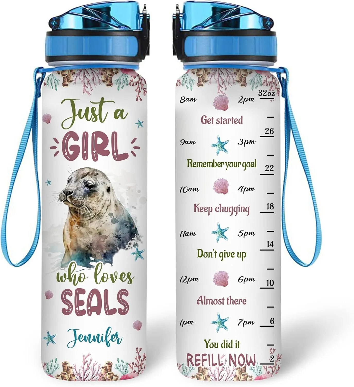 Hyturtle Personalized Seals Lovers 32 Oz 1Liter Motivational Water Bottle With Time Marker, Just A Girl Who Loves Seals, Sea Animal Lovers Gifts For Women, Girl On Birthday, Christmas