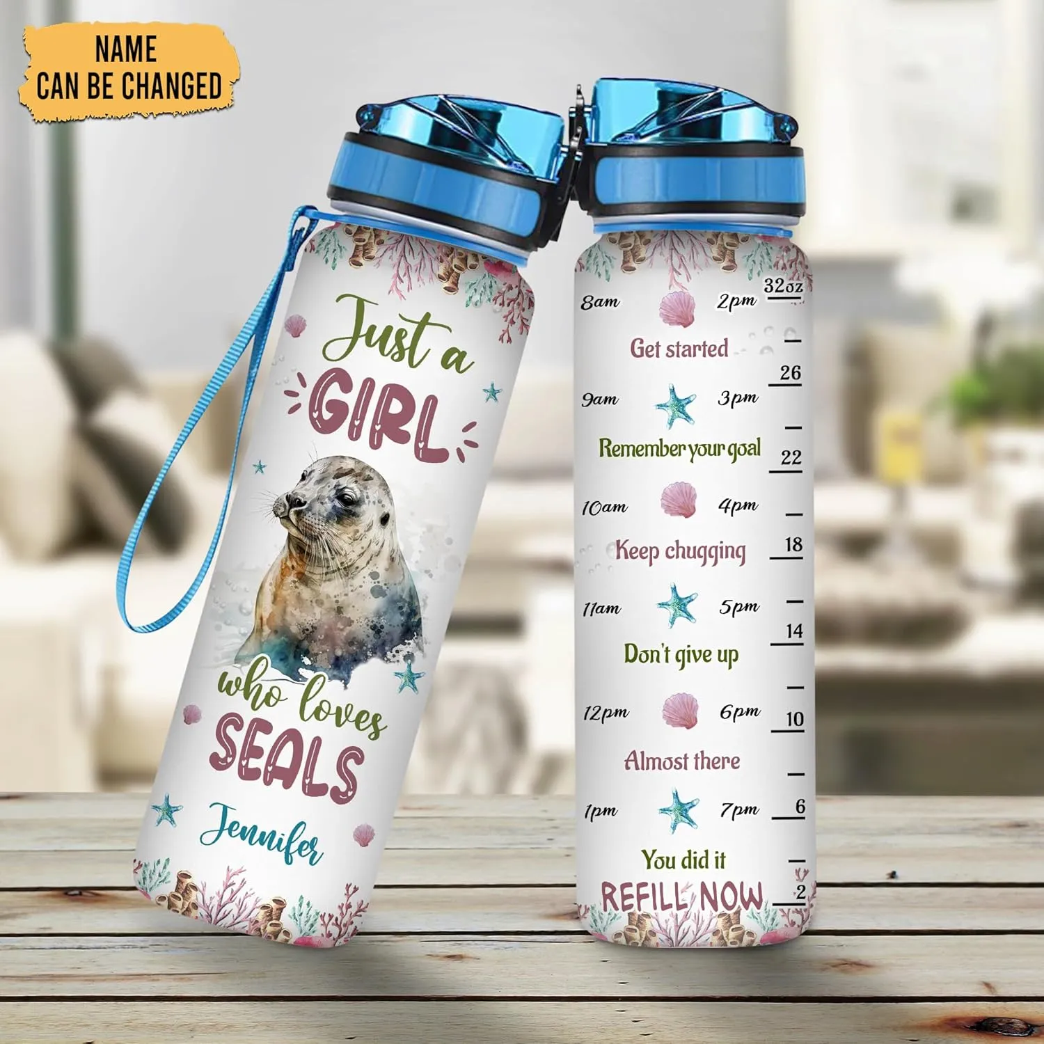 Hyturtle Personalized Seals Lovers 32 Oz 1Liter Motivational Water Bottle With Time Marker, Just A Girl Who Loves Seals, Sea Animal Lovers Gifts For Women, Girl On Birthday, Christmas