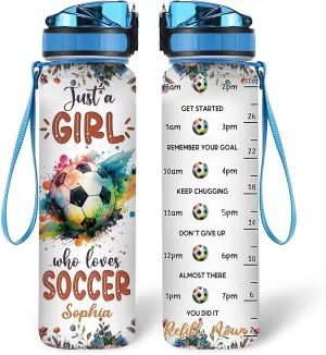 Hyturtle Personalized Soccer Lovers 32 Oz 1Liter Motivational Water Bottle With Time Marker, Just A Girl Who Loves Soccer, Sport Lovers Gifts For Women, Girl, Player On Birthday, Christmas