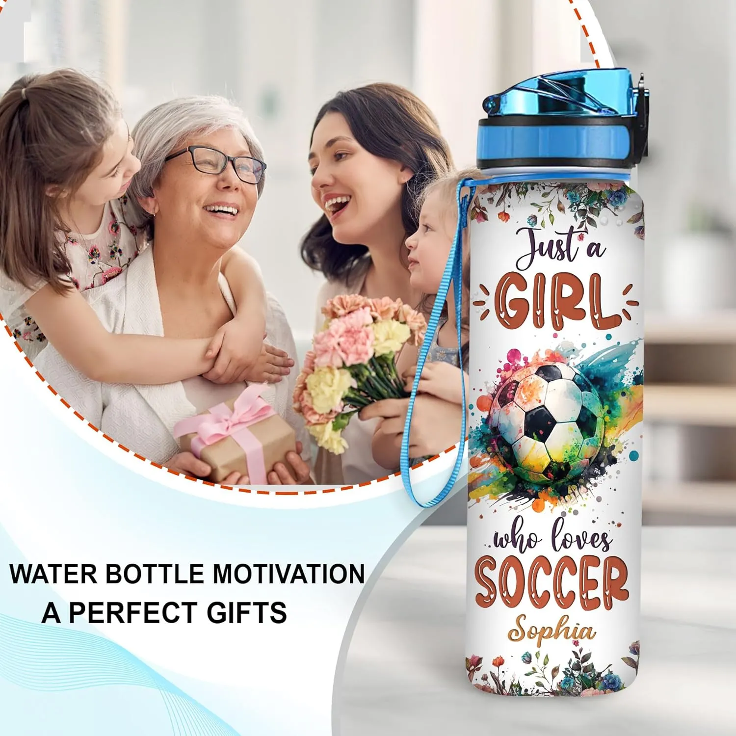 Hyturtle Personalized Soccer Lovers 32 Oz 1Liter Motivational Water Bottle With Time Marker, Just A Girl Who Loves Soccer, Sport Lovers Gifts For Women, Girl, Player On Birthday, Christmas