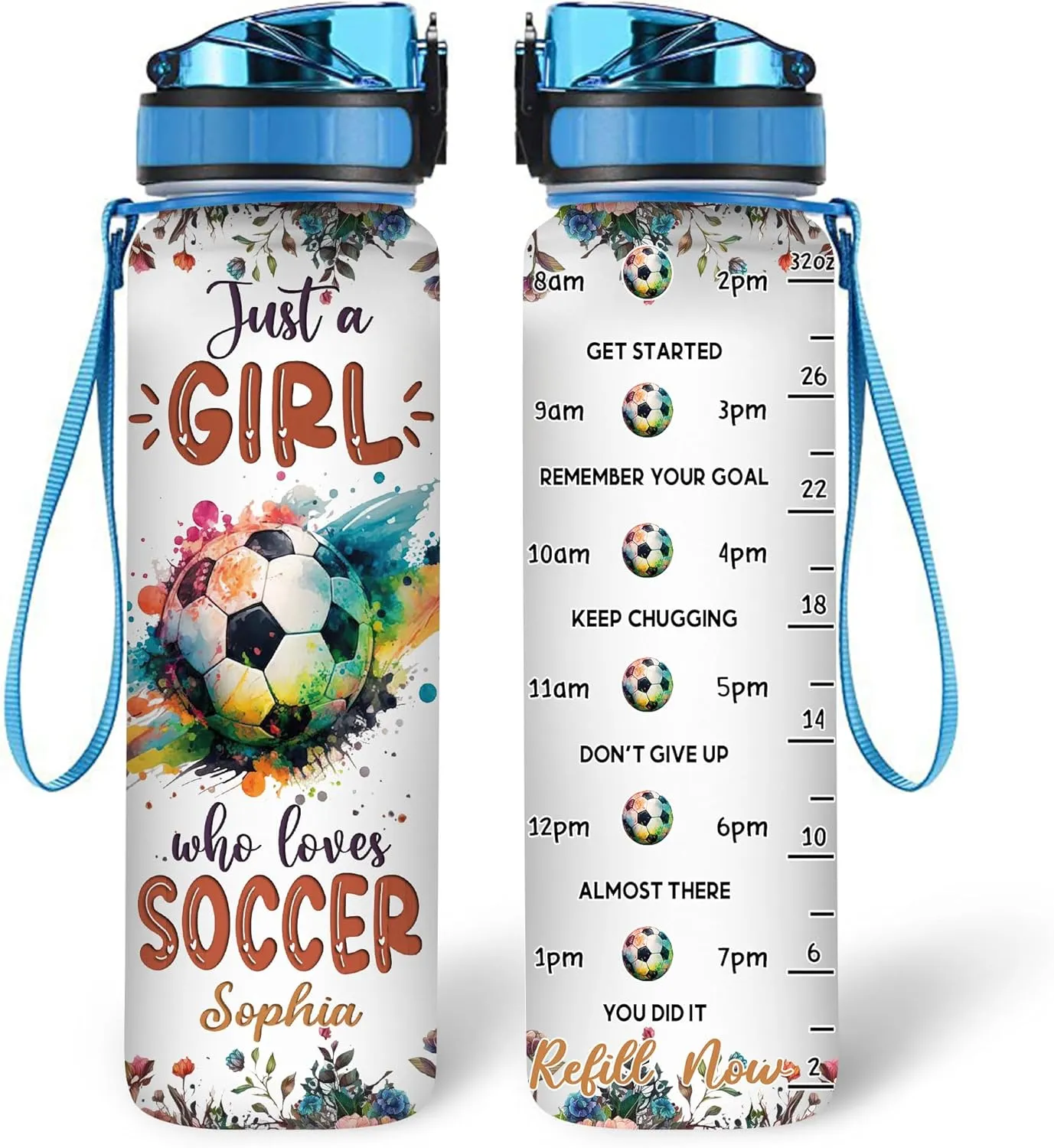 Hyturtle Personalized Soccer Lovers 32 Oz 1Liter Motivational Water Bottle With Time Marker, Just A Girl Who Loves Soccer, Sport Lovers Gifts For Women, Girl, Player On Birthday, Christmas