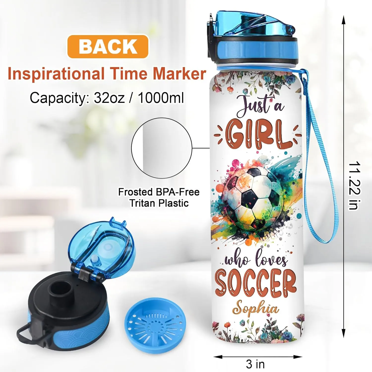 Hyturtle Personalized Soccer Lovers 32 Oz 1Liter Motivational Water Bottle With Time Marker, Just A Girl Who Loves Soccer, Sport Lovers Gifts For Women, Girl, Player On Birthday, Christmas