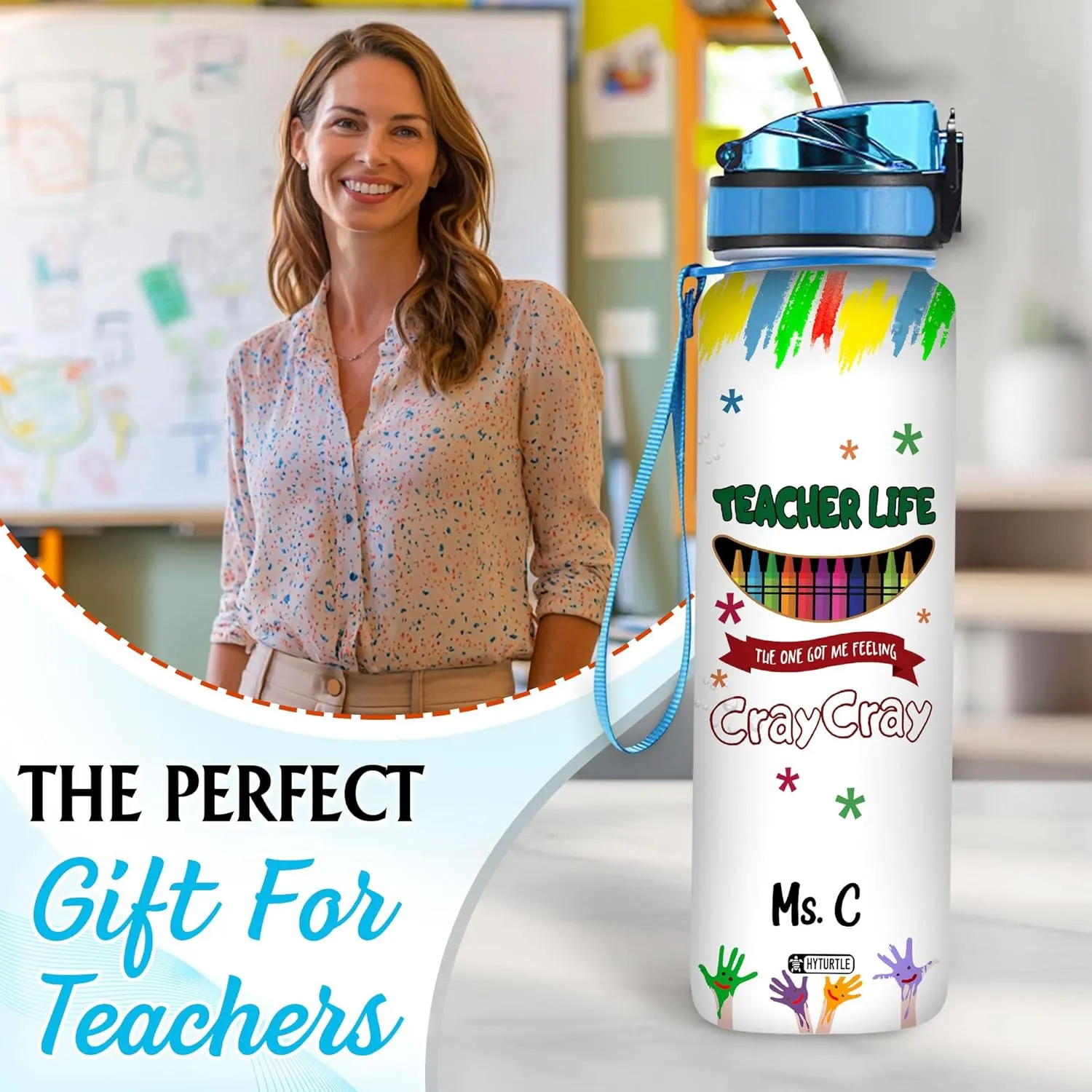 Hyturtle Personalized Teacher Life Water Bottle - 32oz Motivational Travel Bottle with Leak-Proof Lid & Time Marker - Custom Name Gift for Teachers, Kindergarten Teachers - Birthday & Christmas Gift