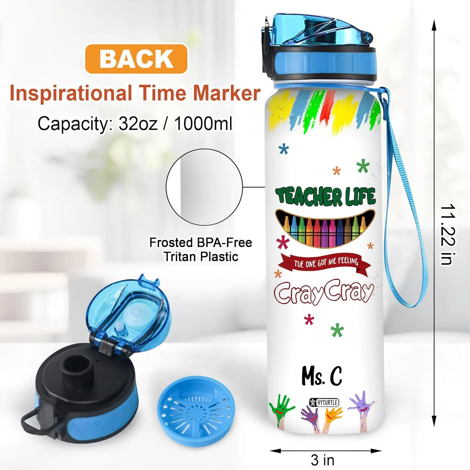 Hyturtle Personalized Teacher Life Water Bottle - 32oz Motivational Travel Bottle with Leak-Proof Lid & Time Marker - Custom Name Gift for Teachers, Kindergarten Teachers - Birthday & Christmas Gift