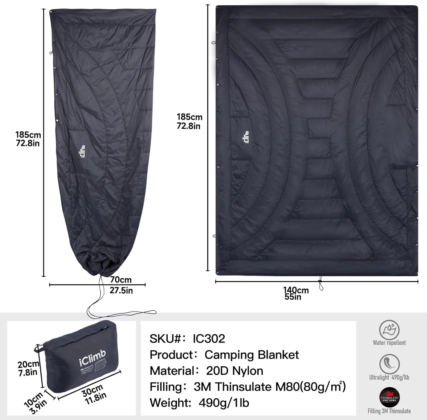 iClimb 3M Thinsulate Insulation Warm Camping Blanket Ultralight Compact (Blue)